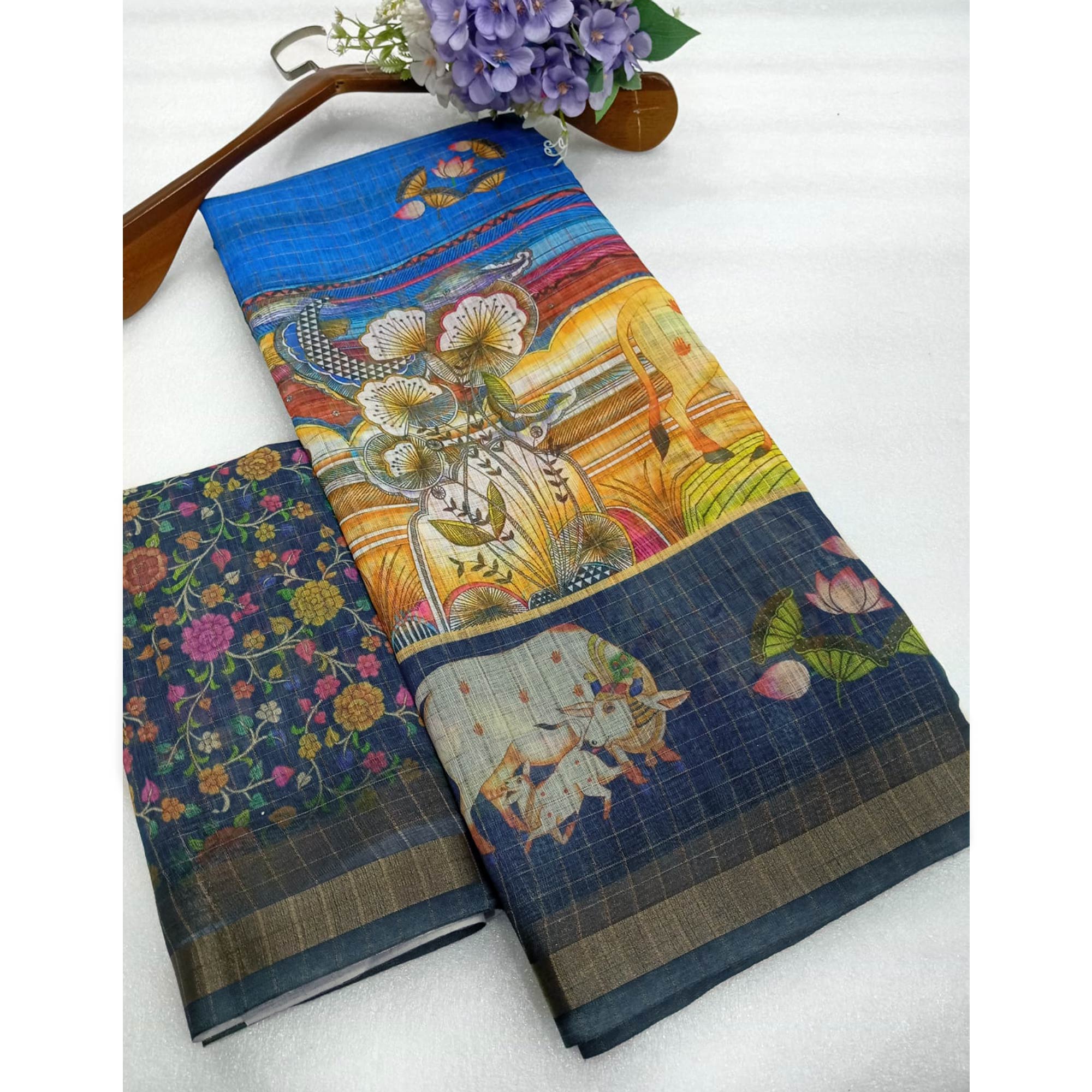 Multicolor Checks Zari Woven With Printed Linen Saree