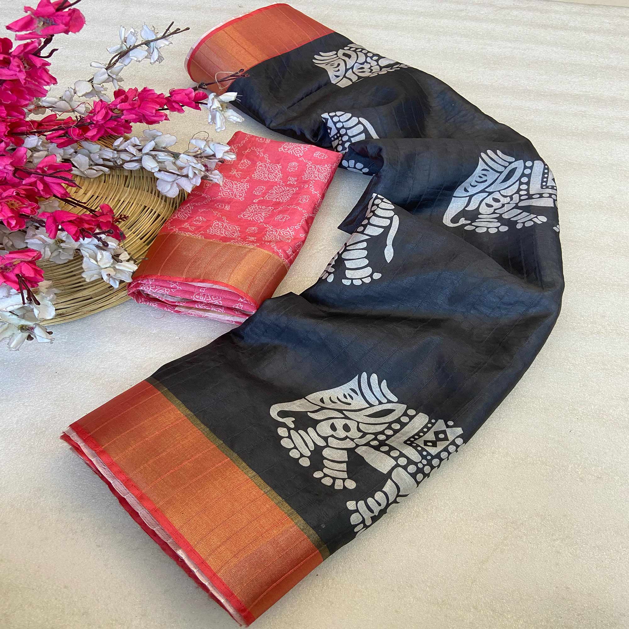 Black Cotton Silk Saree Woven on Handloom with Elegant Abstract Patterns