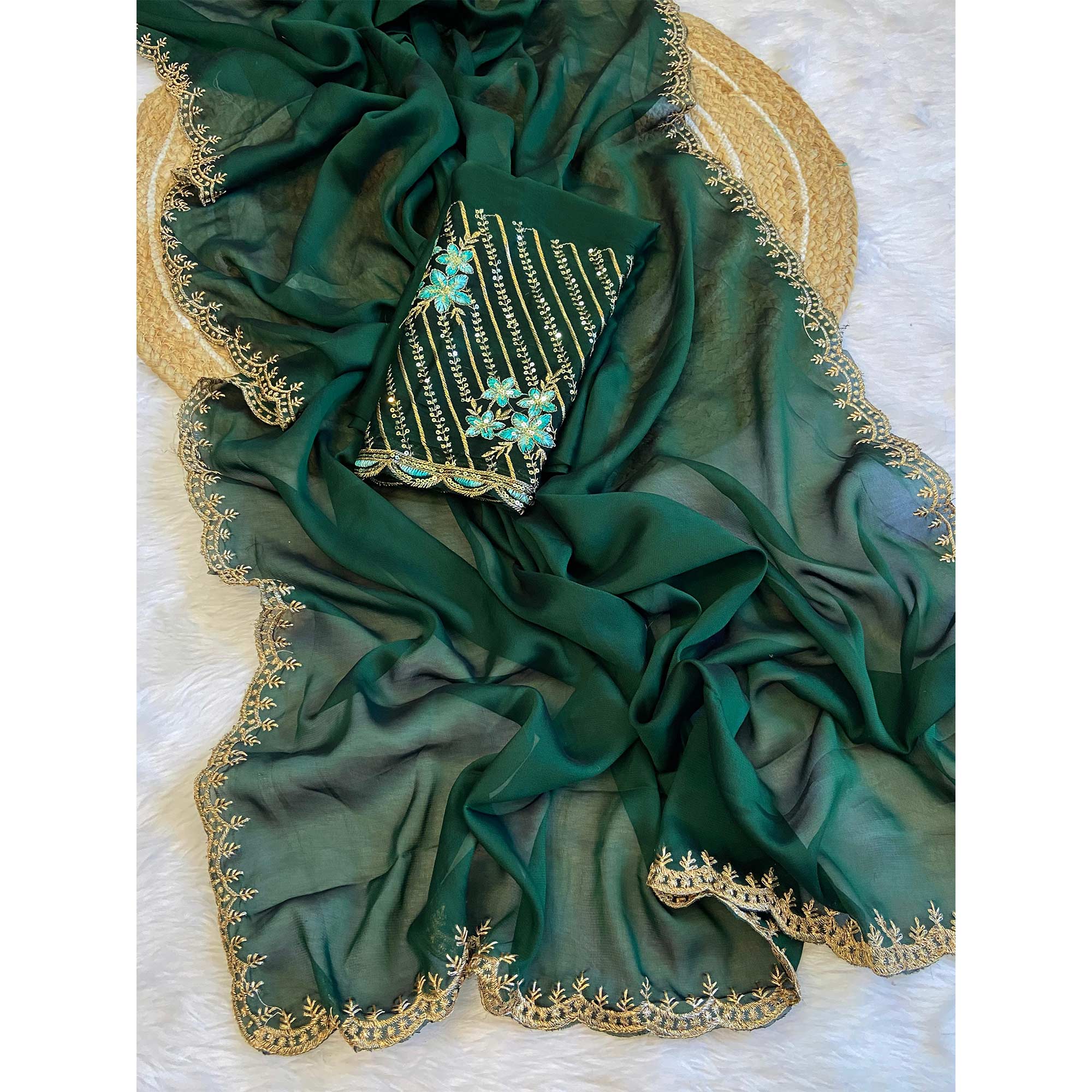 Green Zari Embroidered Organza Saree