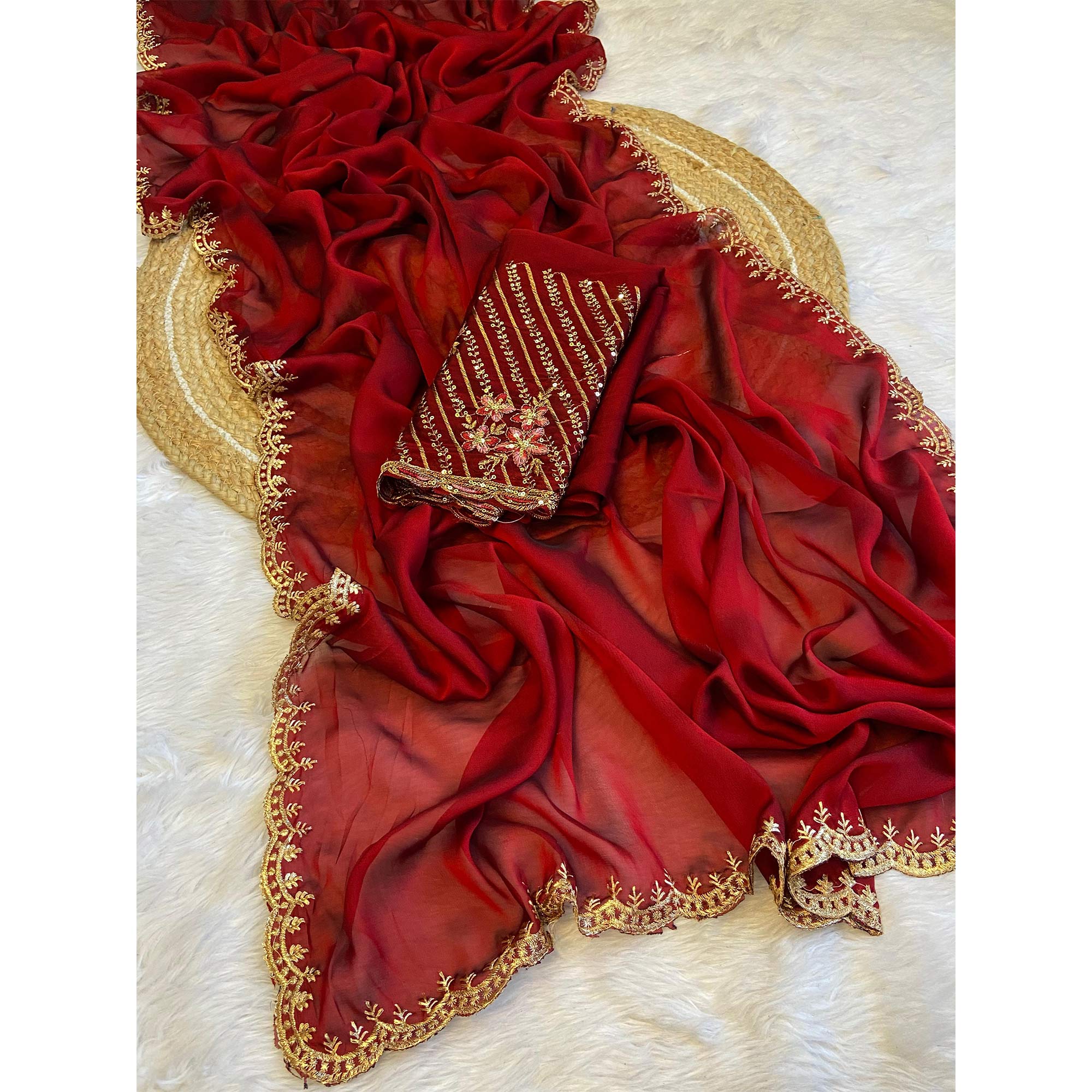 Maroon Zari Embroidered Organza Saree