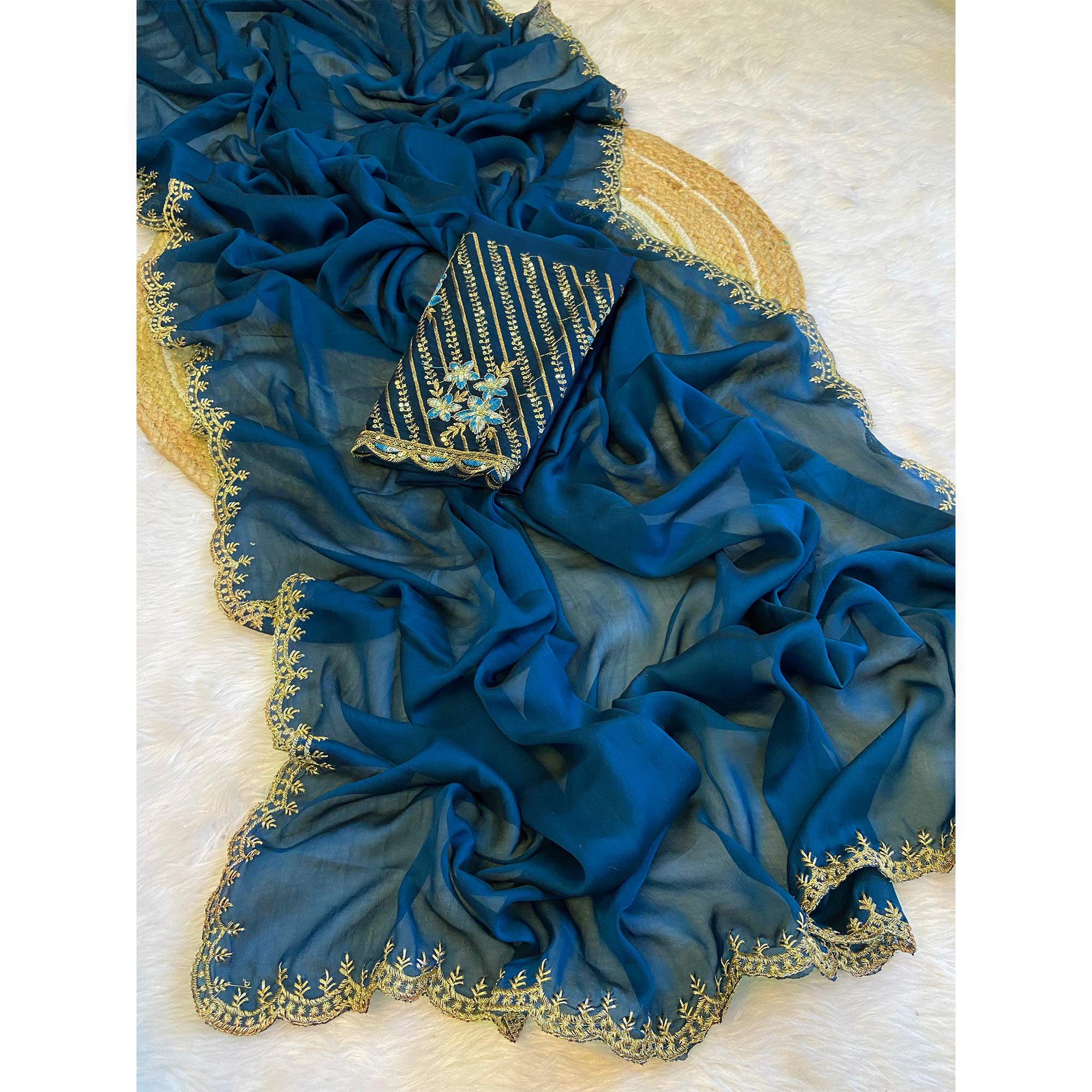 Morpich Blue Zari Embroidered Organza Saree