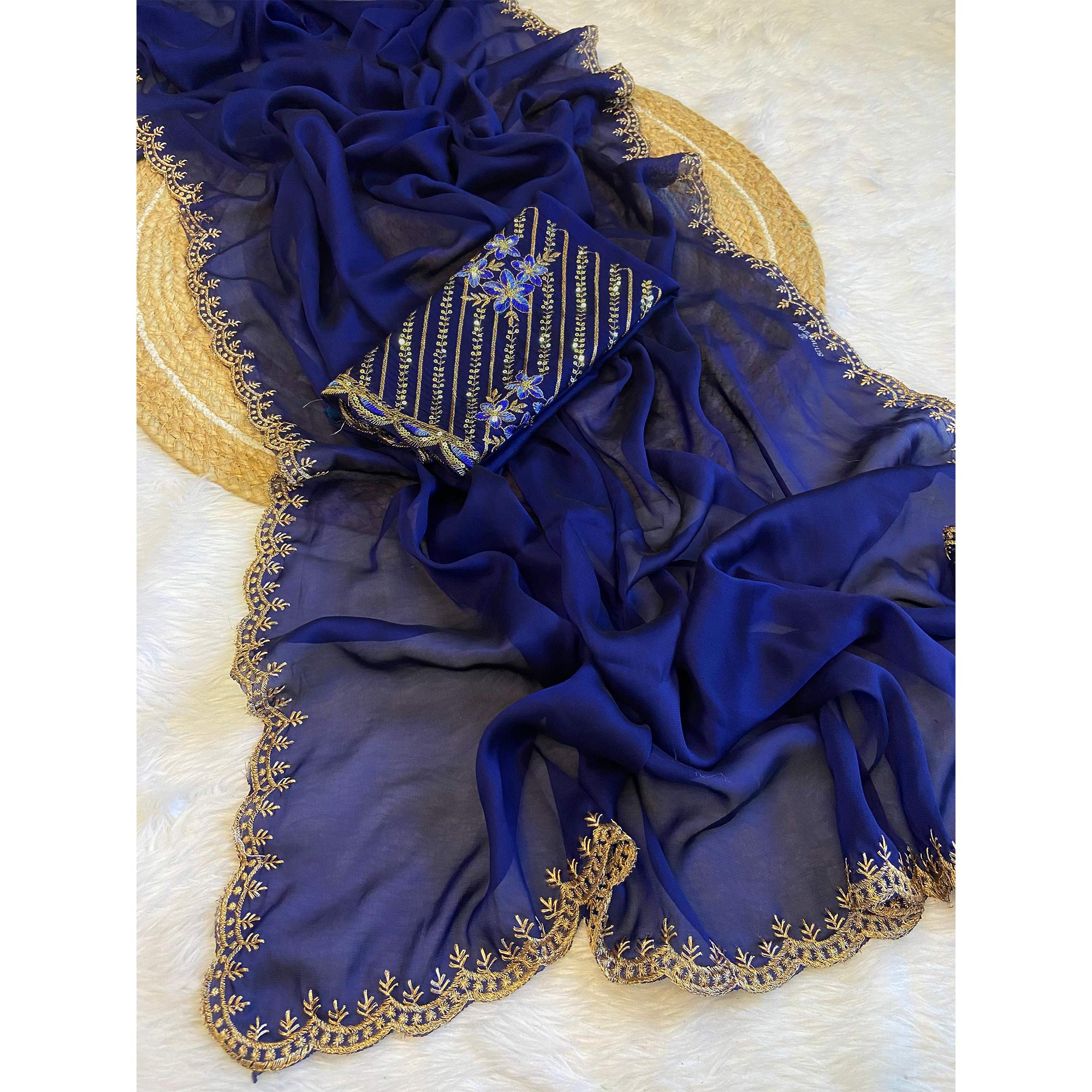 Navy Blue Zari Embroidered Organza Saree