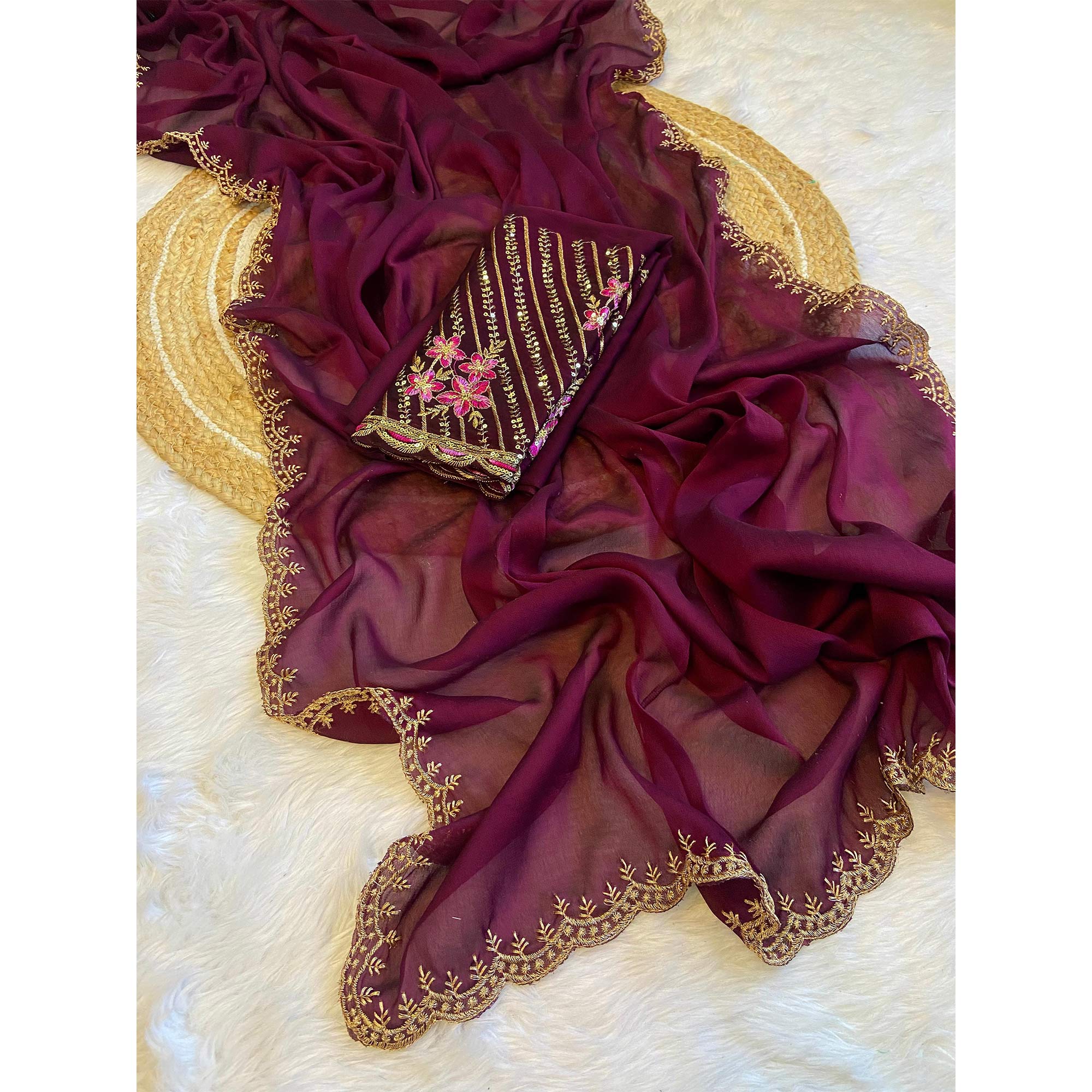 Wine Zari Embroidered Organza Saree