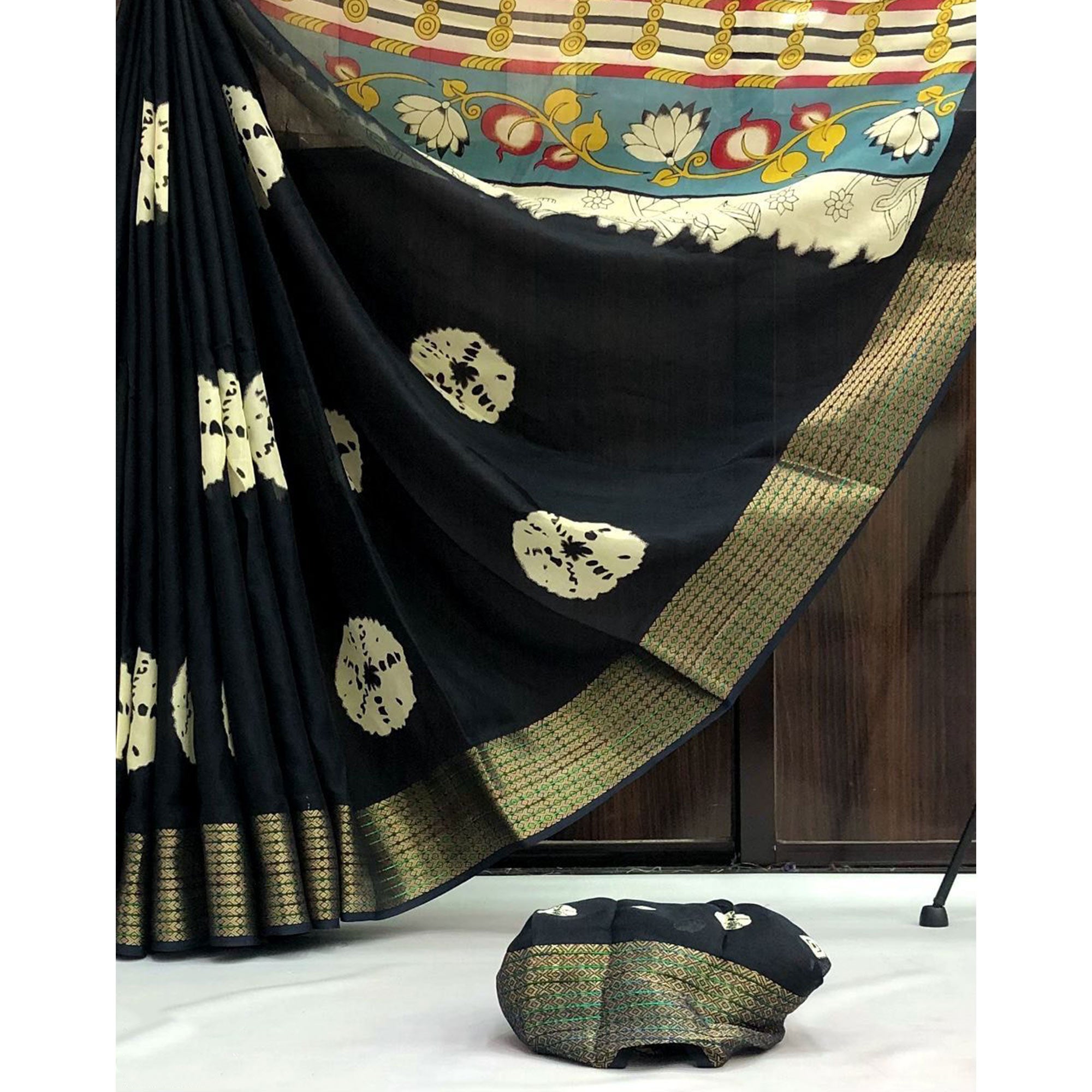 Black Batik Printed Moss Georgette Saree With Zari Border