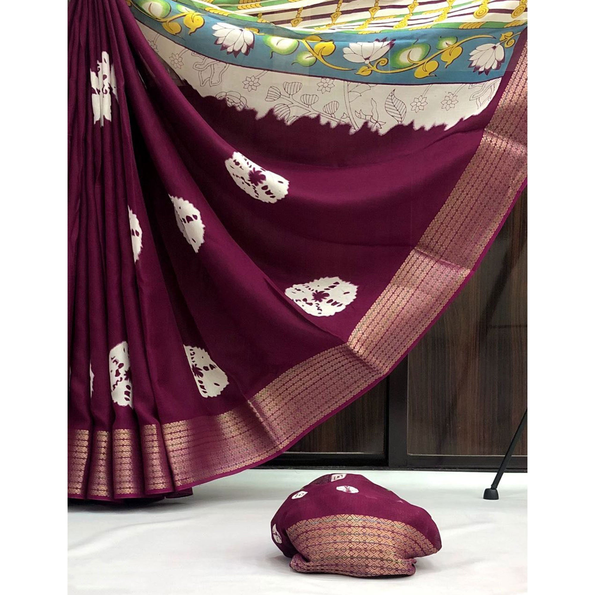 Wine Batik Printed Moss Georgette Saree With Zari Border