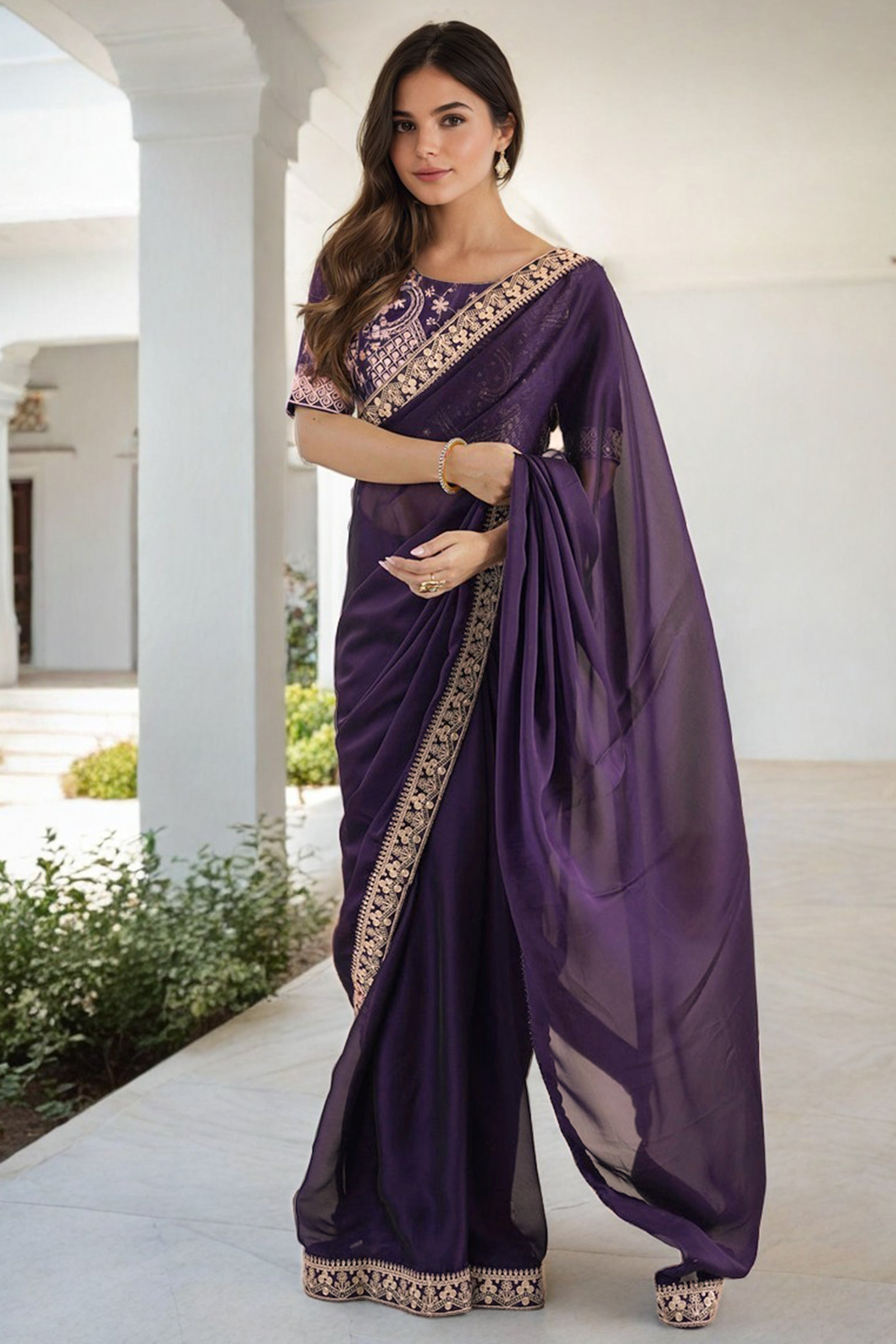 Elegant Purple Rangoli Silk Organza Saree Featuring Zari Cording Embroidery With Sequins Border