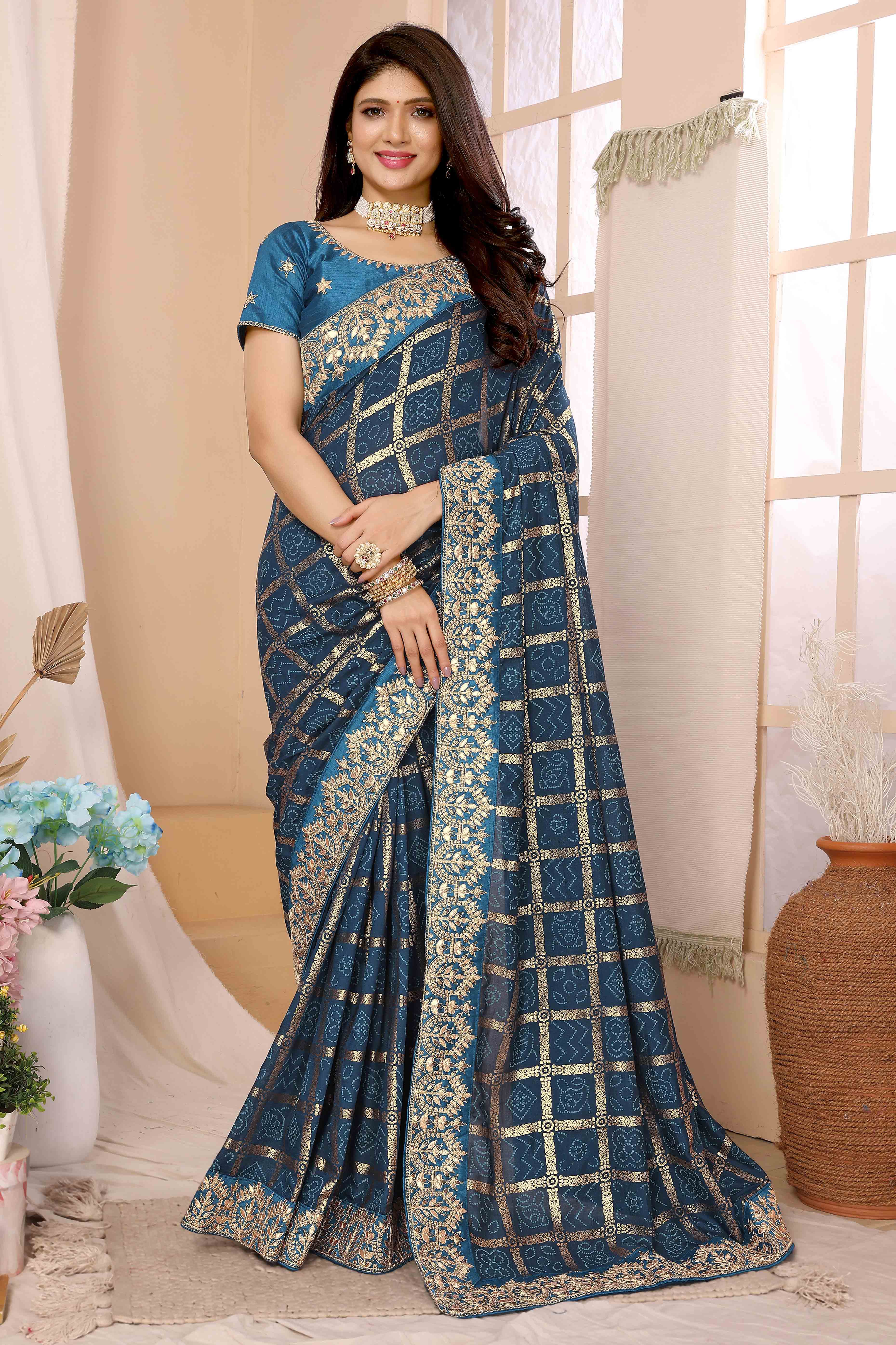 Blue Bandhani Printed Vichitra Silk Saree With Embroidered Border