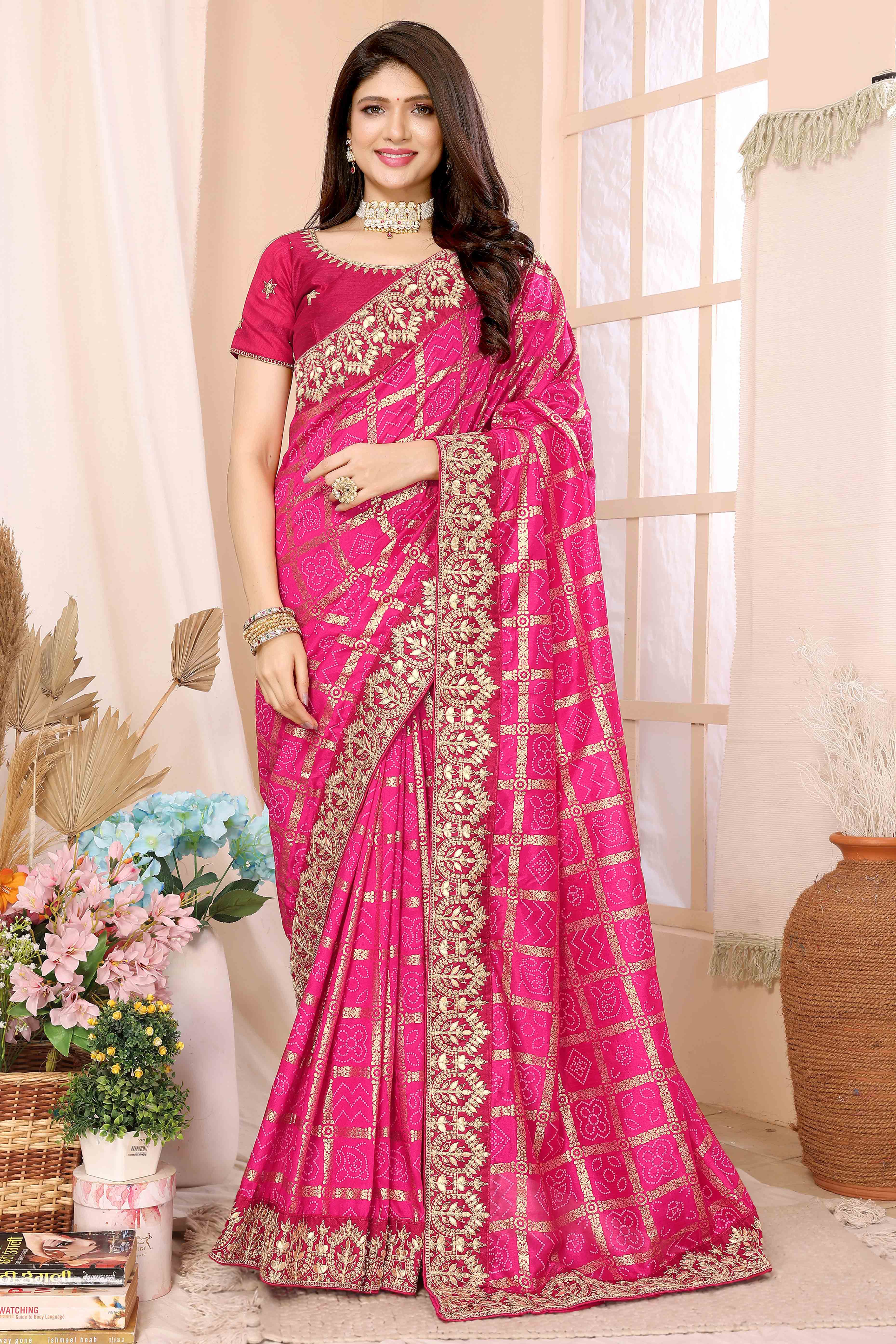 Pink Bandhani Printed Vichitra Silk Saree With Embroidered Border