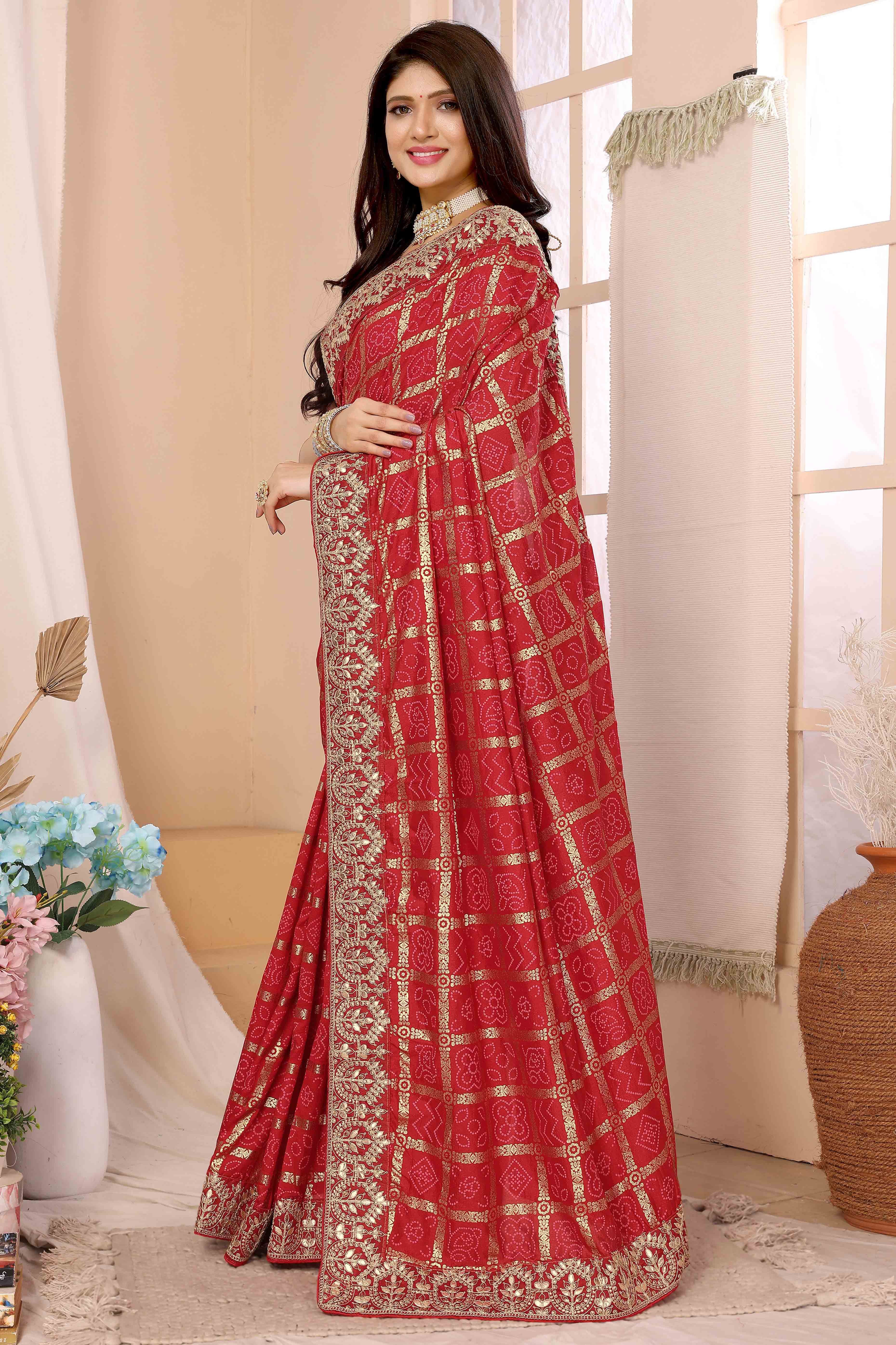 Red Bandhani Printed Vichitra Silk Saree With Embroidered Border