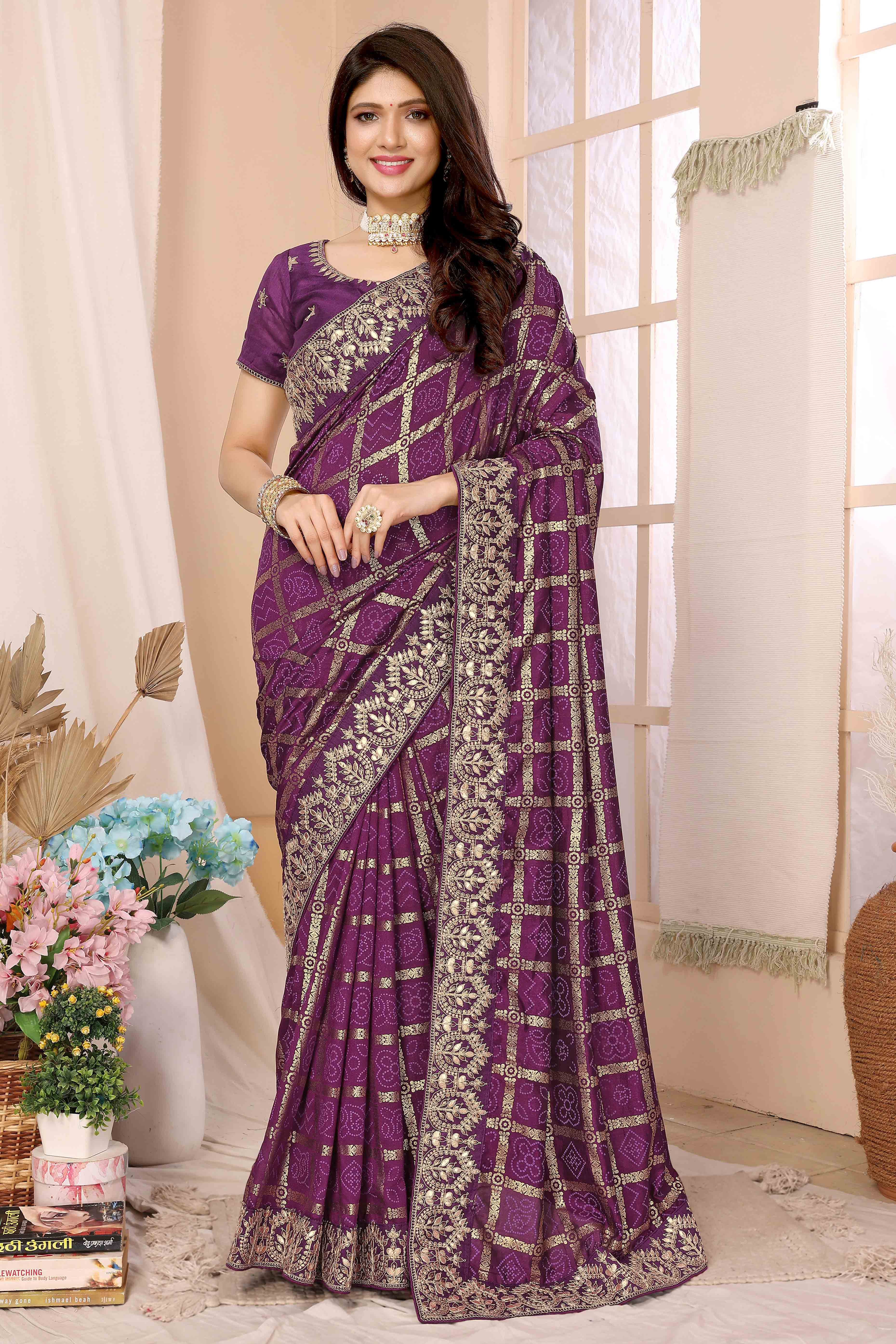 Wine Bandhani Printed Vichitra Silk Saree With Embroidered Border