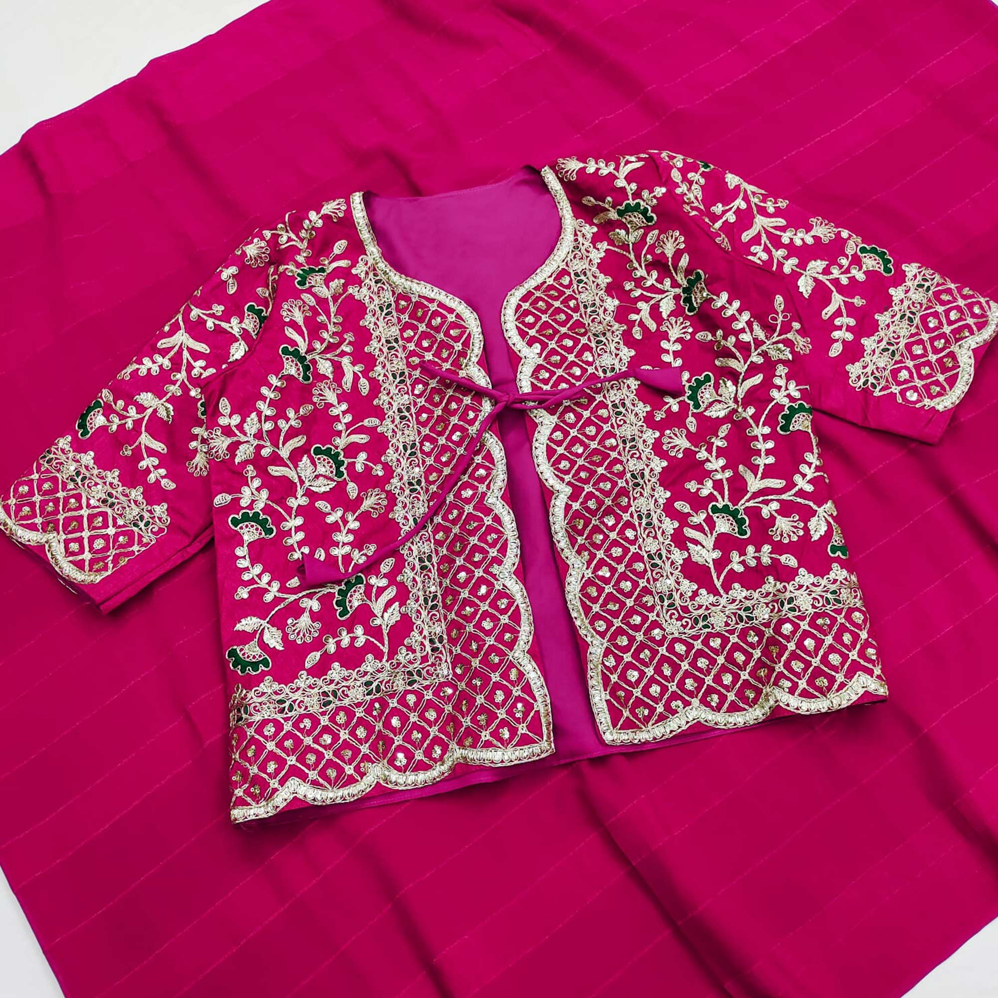 Pink Woven Georgette Saree With Embroidered Jacket