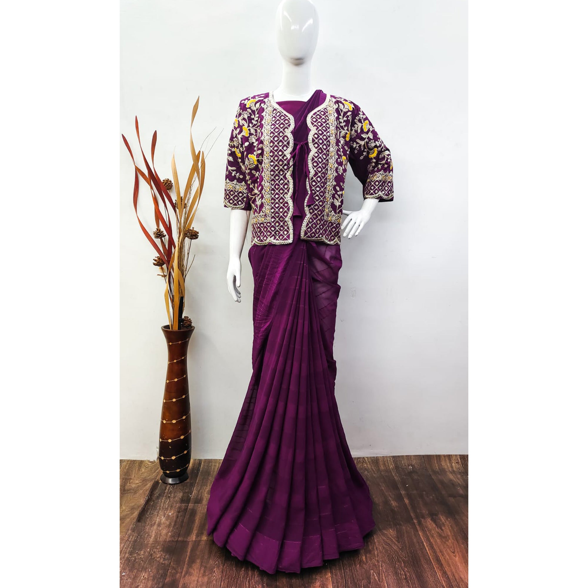 Purple Woven Georgette Saree With Embroidered Jacket