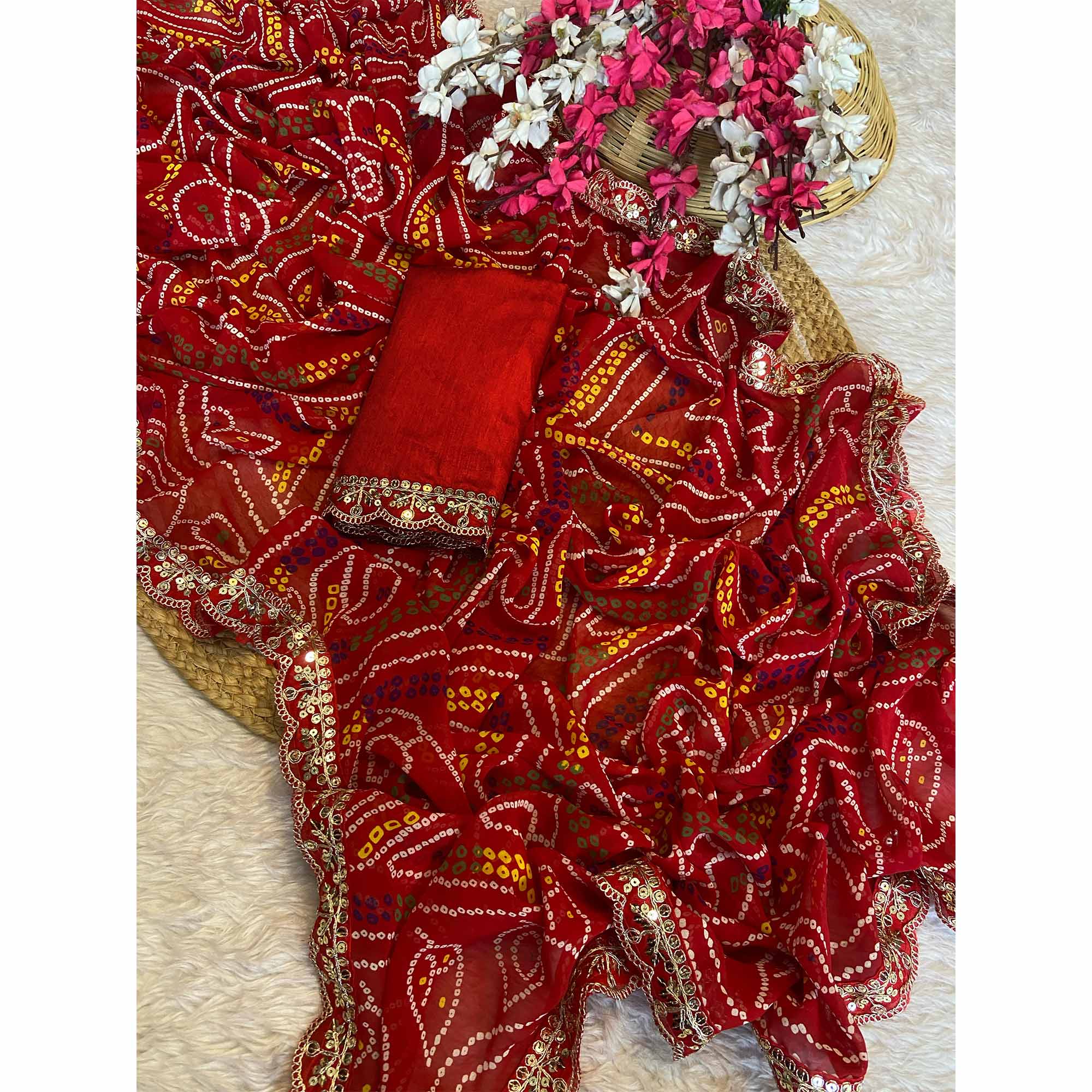 Vibrant Red Bandhani Georgette Saree With Cording & Sequins Lace Border