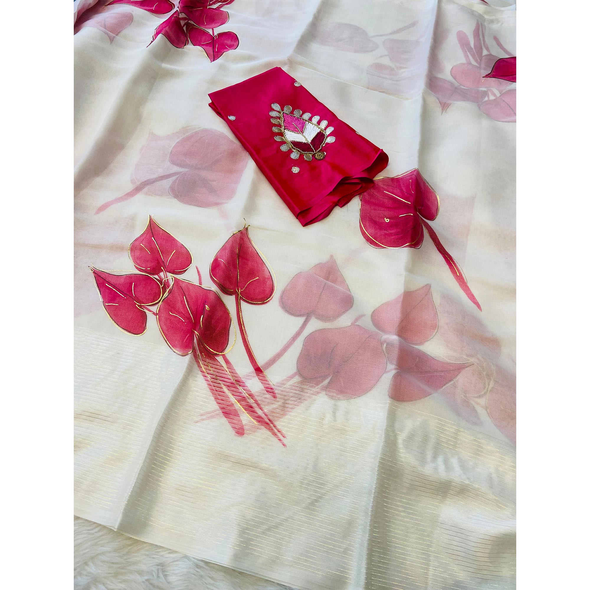 White & Pink Foil Printed Organza Saree