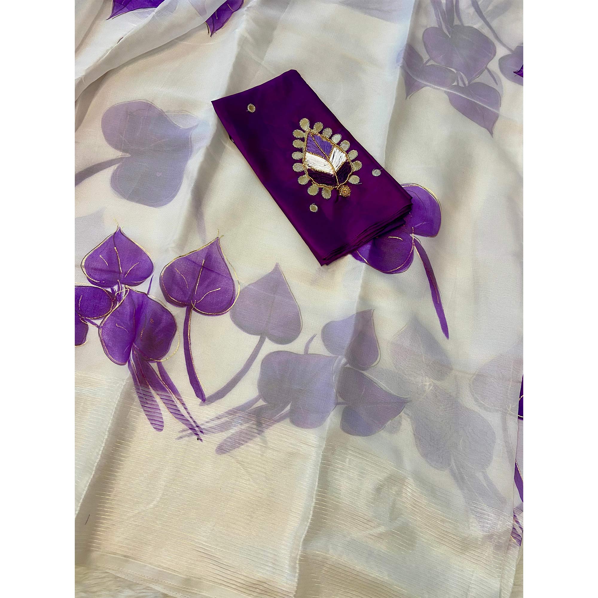 White & Purple Foil Printed Organza Saree