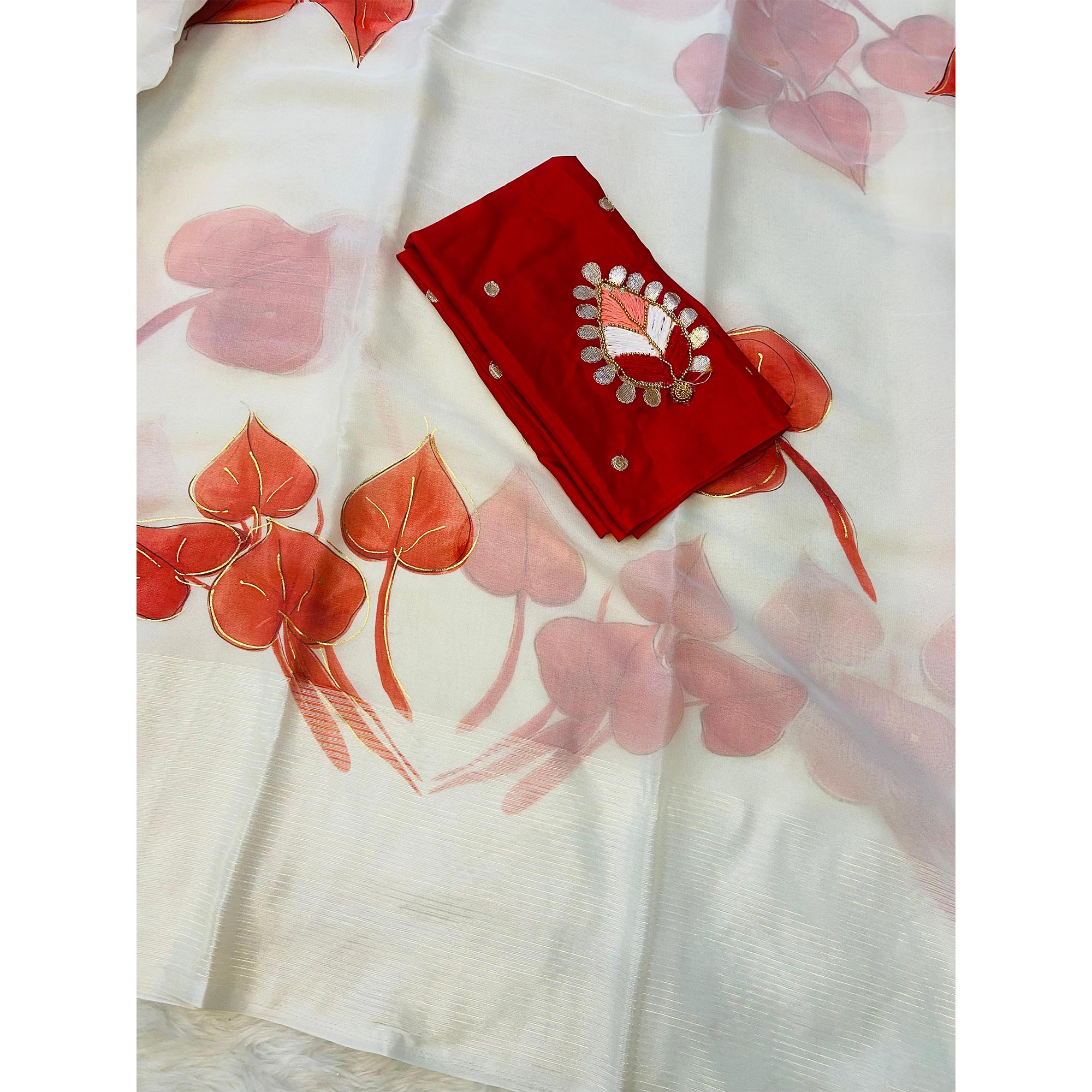 White & Red Foil Printed Organza Saree