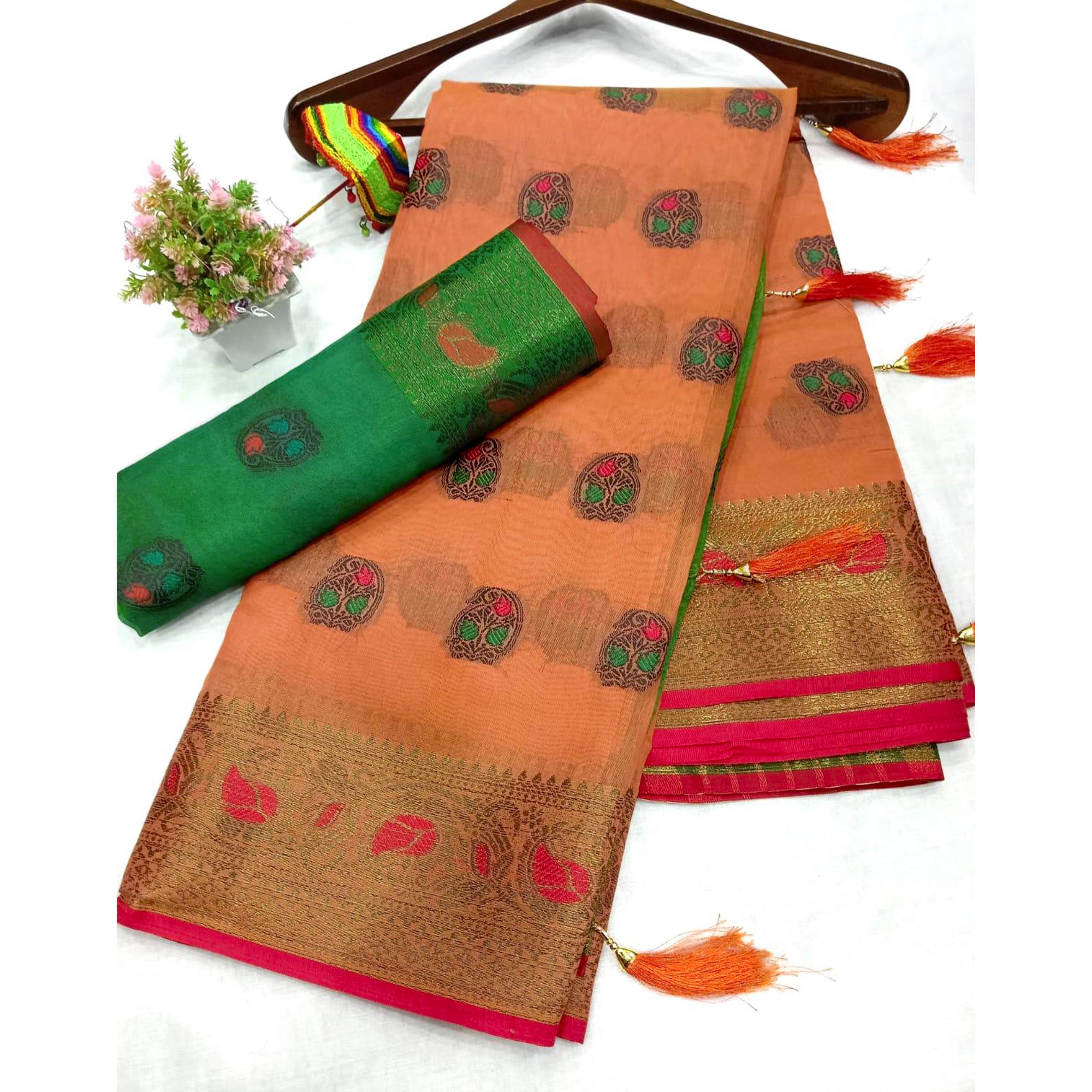 Orange Zari Work Woven Cotton Silk Saree