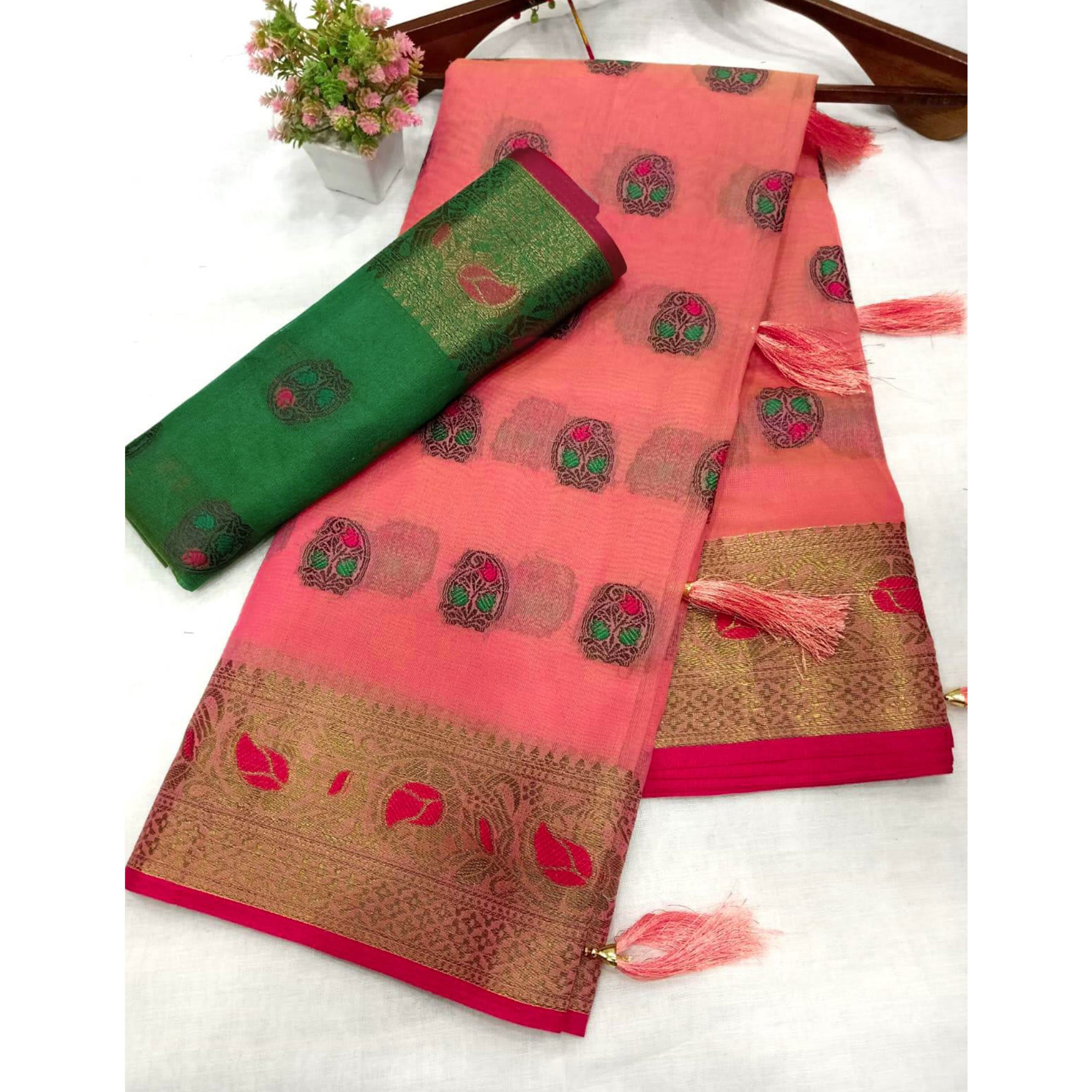 Pink Zari Work Woven Cotton Silk Saree