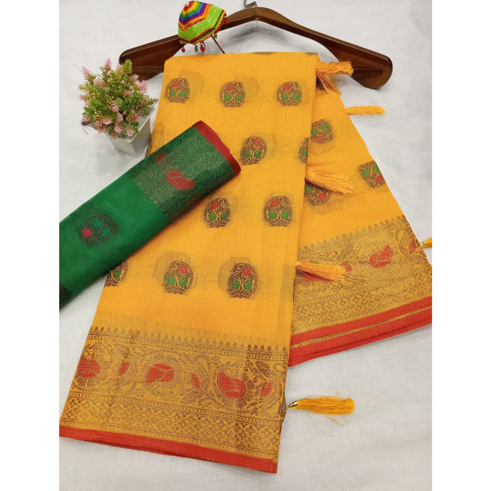 Yellow Zari Work Woven Cotton Silk Saree