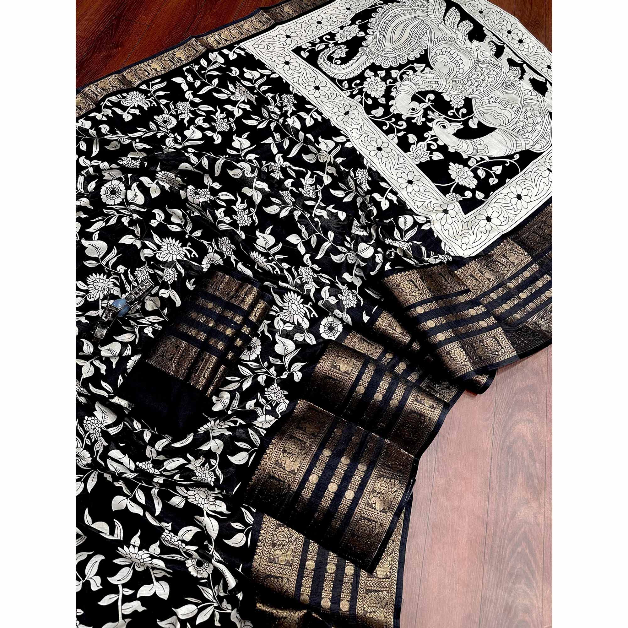 Black & Off White Floral Printed Dola Silk Saree With Zari Border