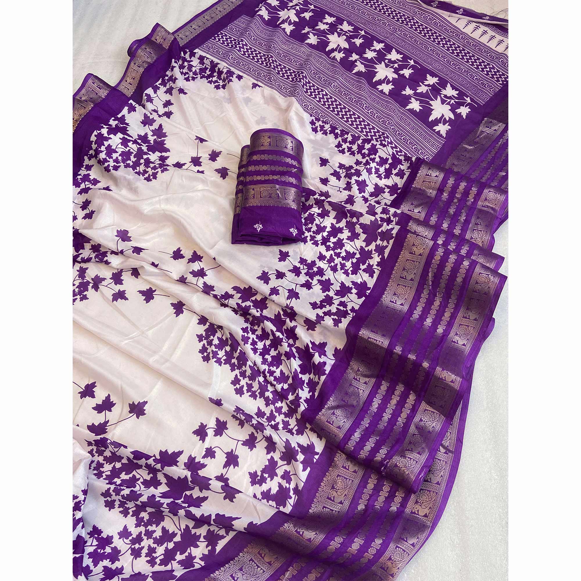 Purple & Offwhite Floral Printed Dola Silk Saree With Zari Border