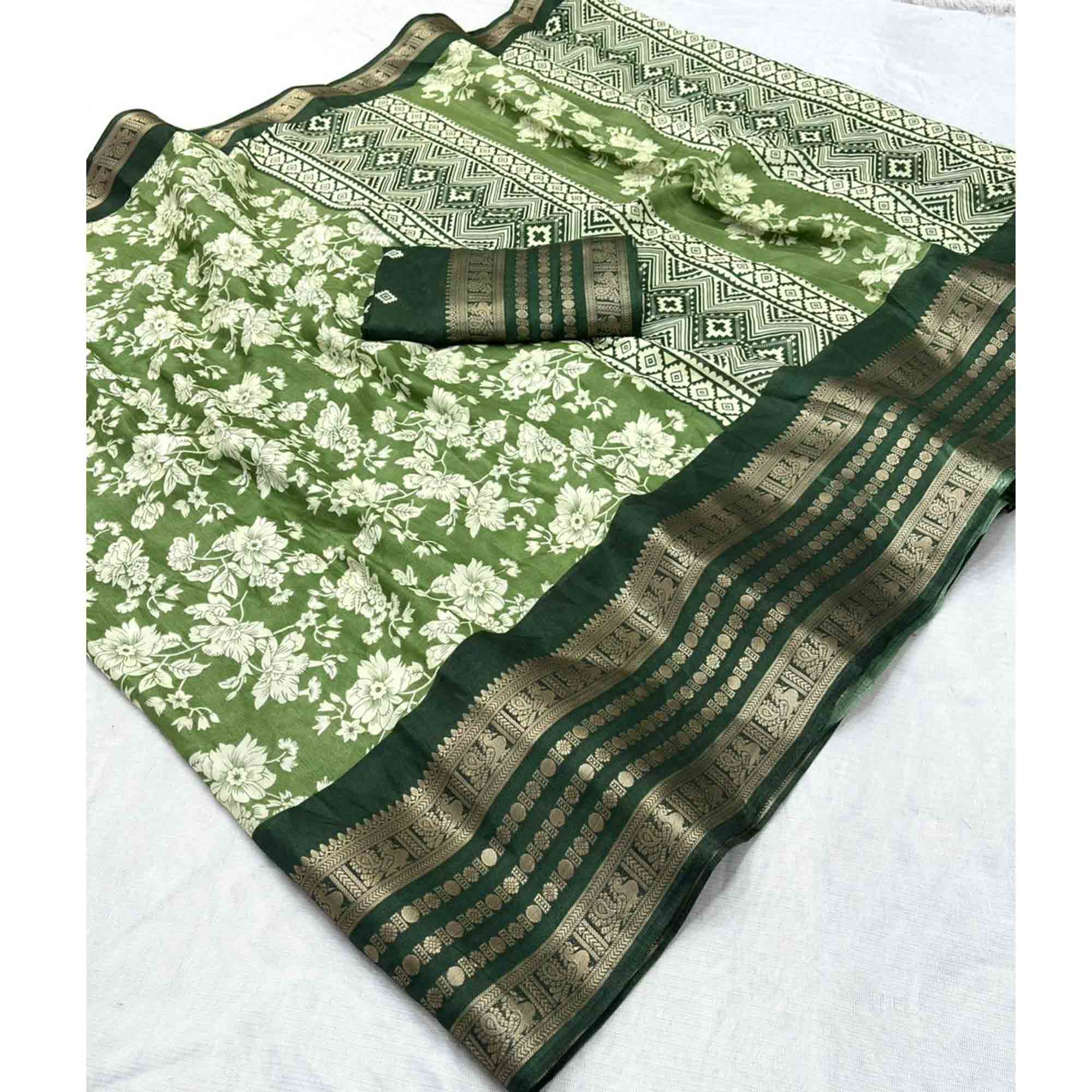 Luxurious Green Floral Print Dola Silk Saree With Intricate Peacock Motif Zari Woven Border