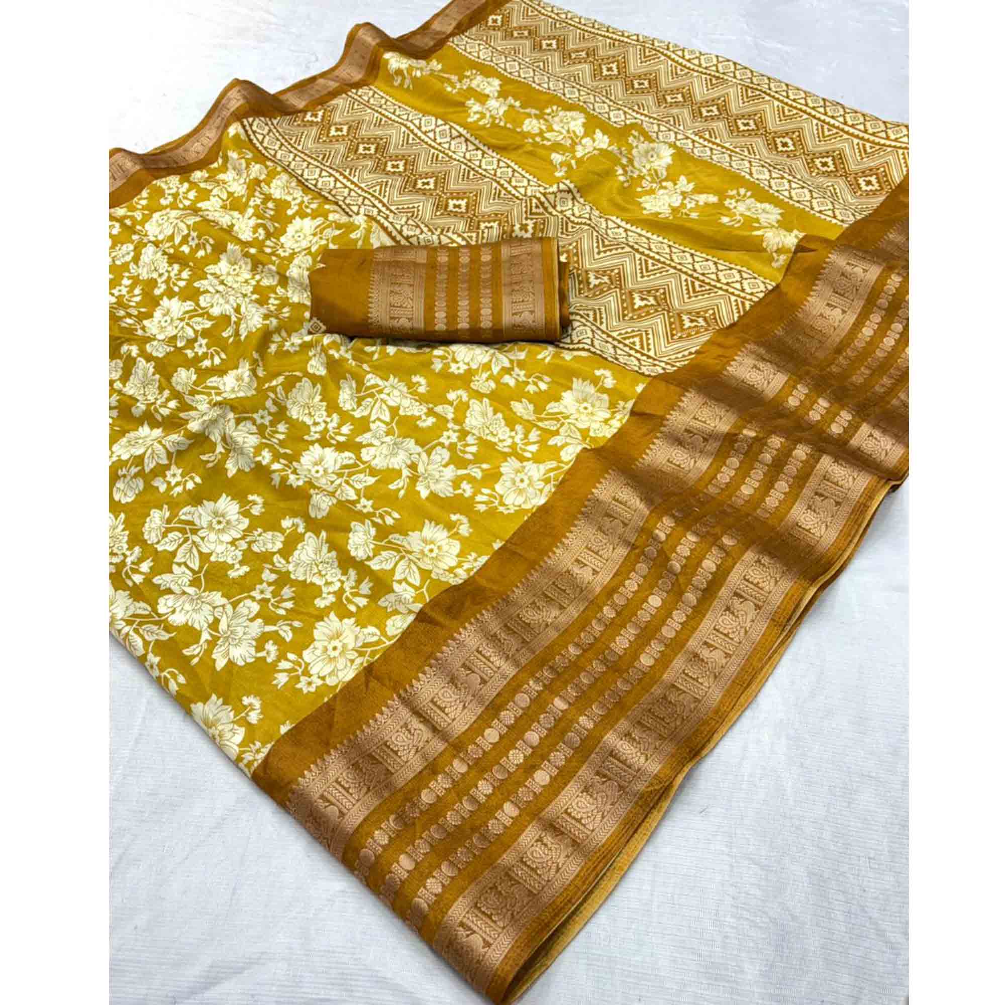 Luxurious Mustard Floral Print Dola Silk Saree With Intricate Peacock Motif Zari Woven Border