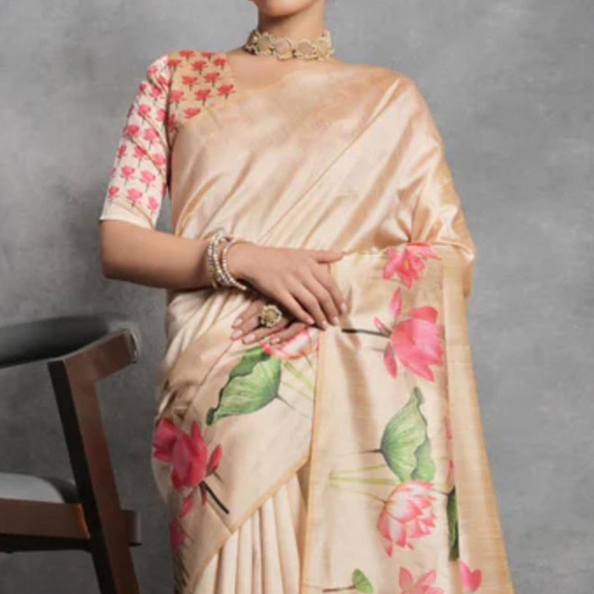 Beige Digital Printed Tussar Silk Saree