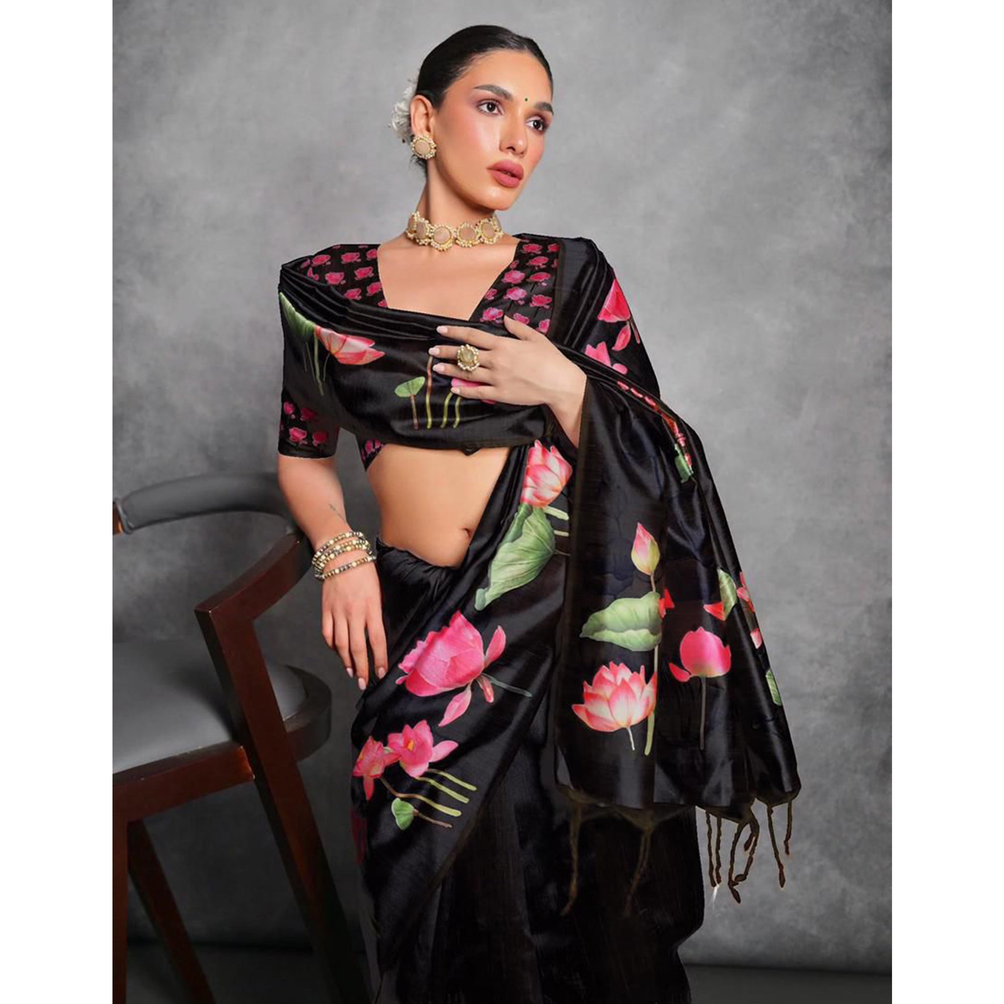 Black Digital Printed Tussar Silk Saree