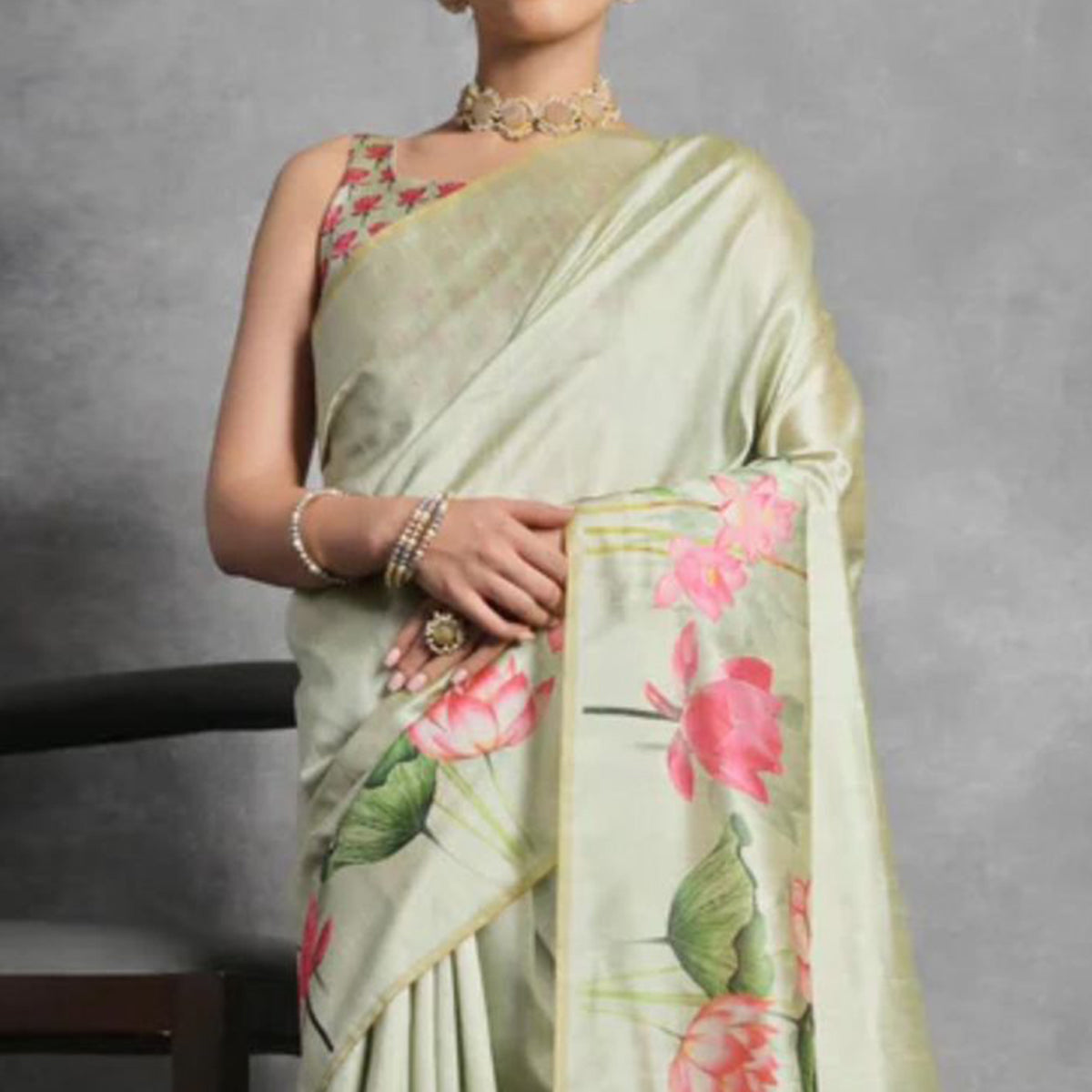 Green Digital Printed Tussar Silk Saree