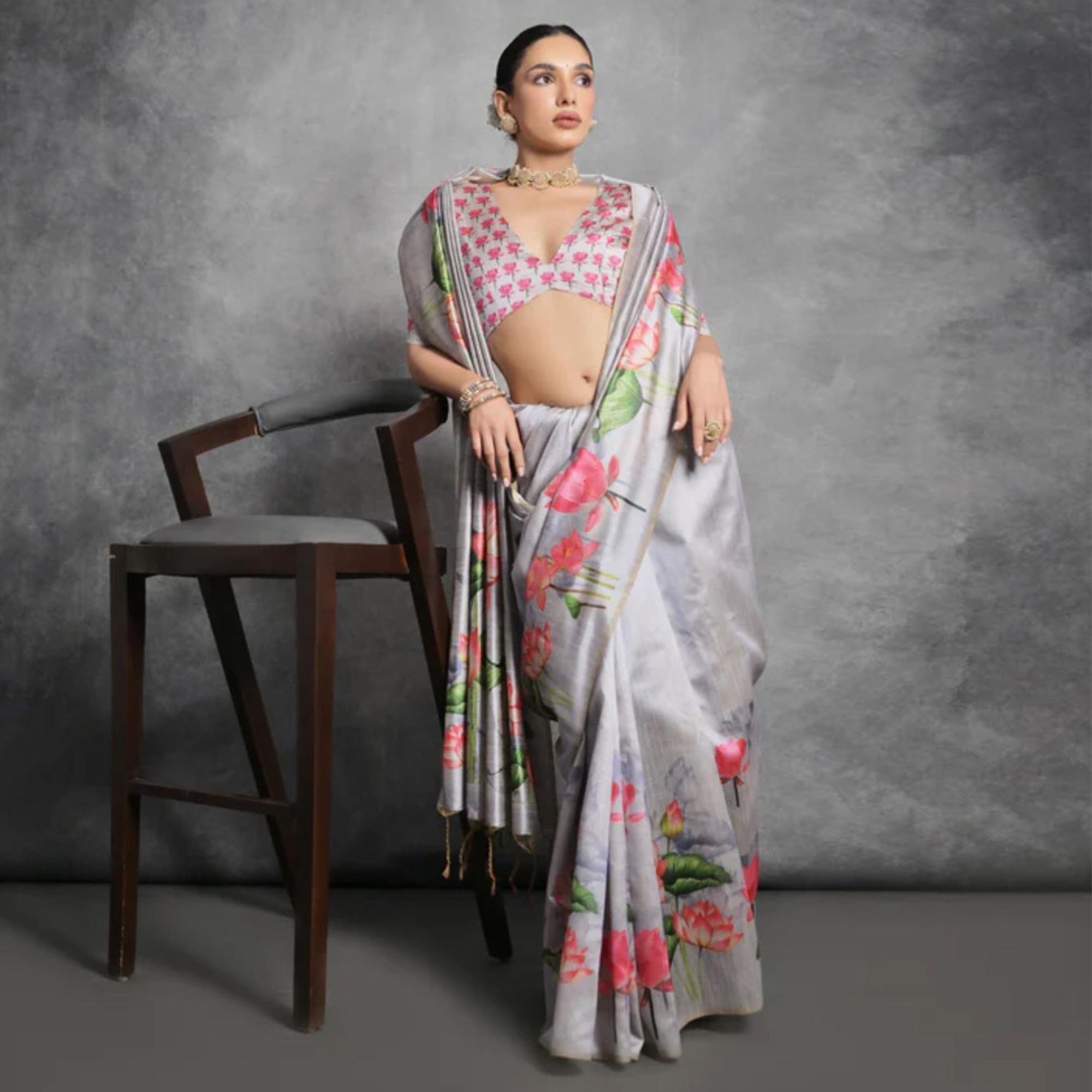 Grey Digital Printed Tussar Silk Saree