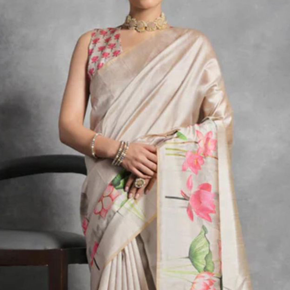 Light Brown Digital Printed Tussar Silk Saree