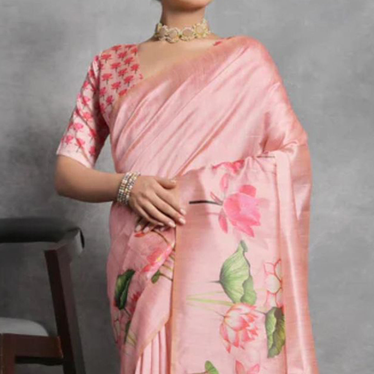 Peach Digital Printed Tussar Silk Saree