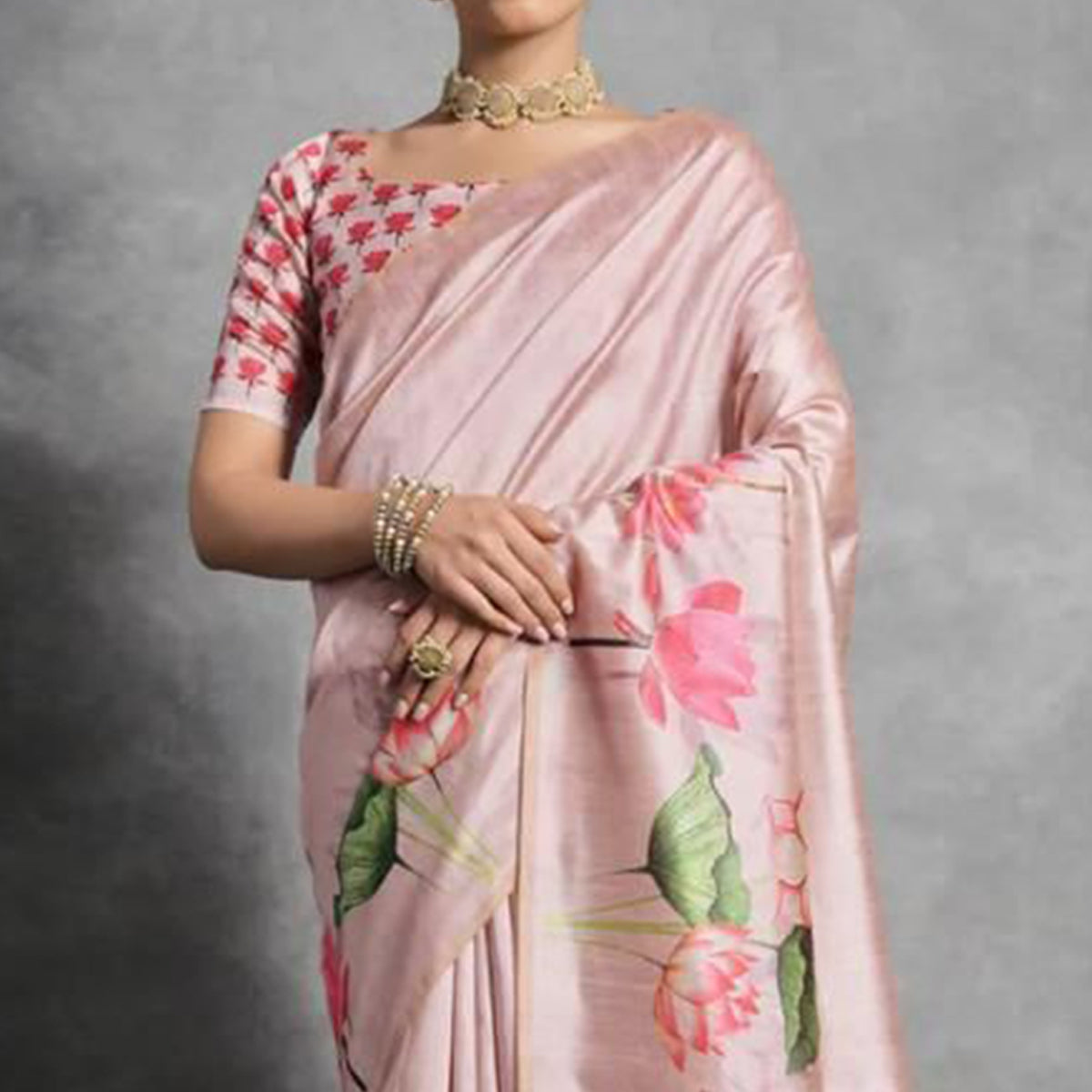 Pink Digital Printed Tussar Silk Saree