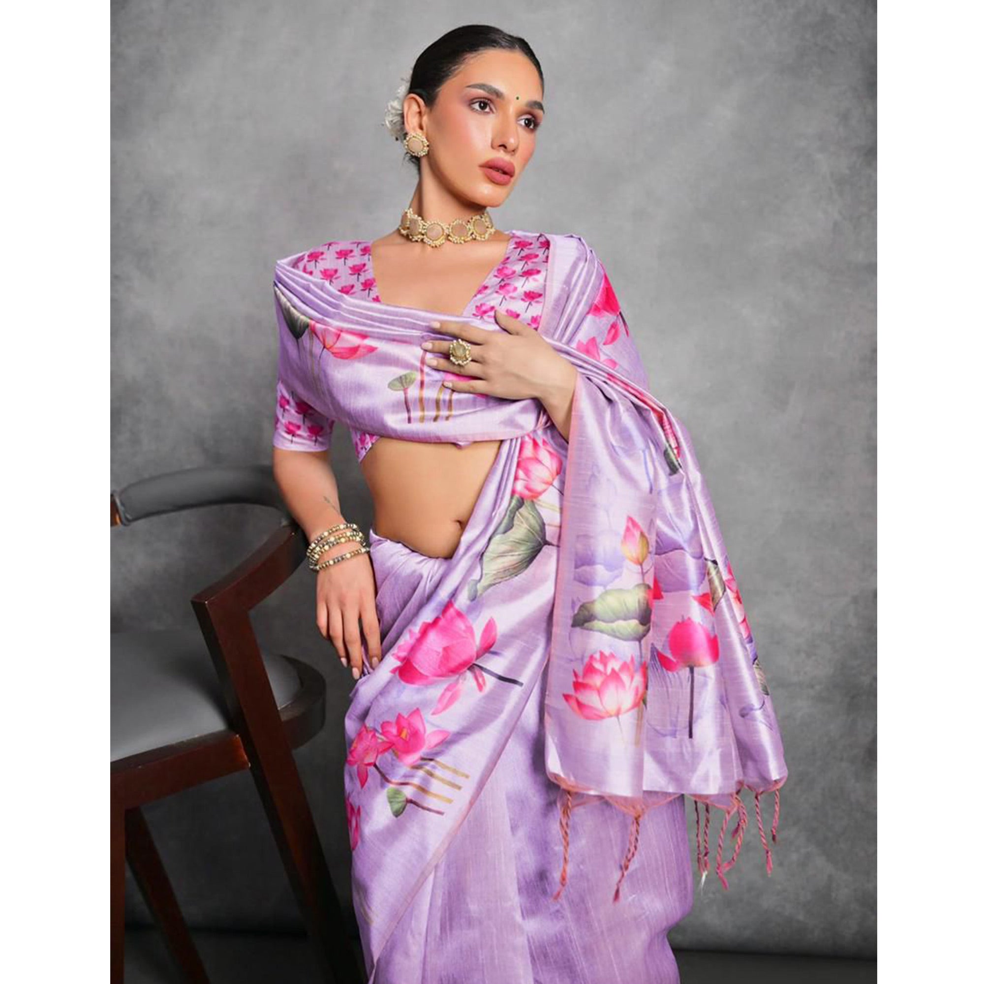 Purple Digital Printed Tussar Silk Saree