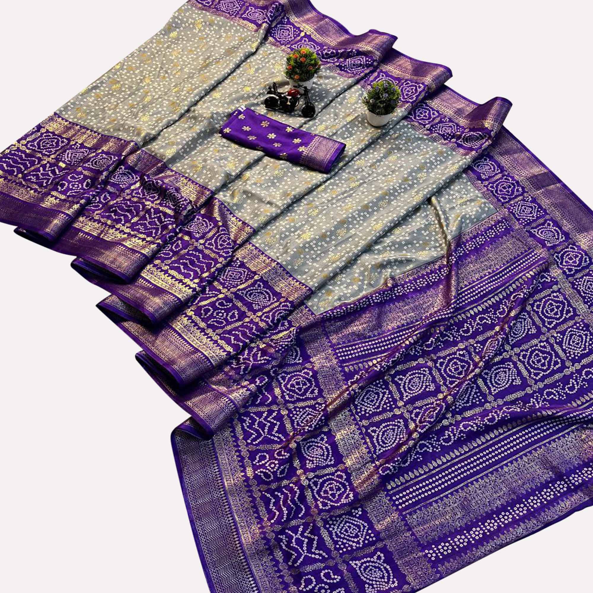 Grey & Purple Woven With Bandhani Printed Dola Silk Saree