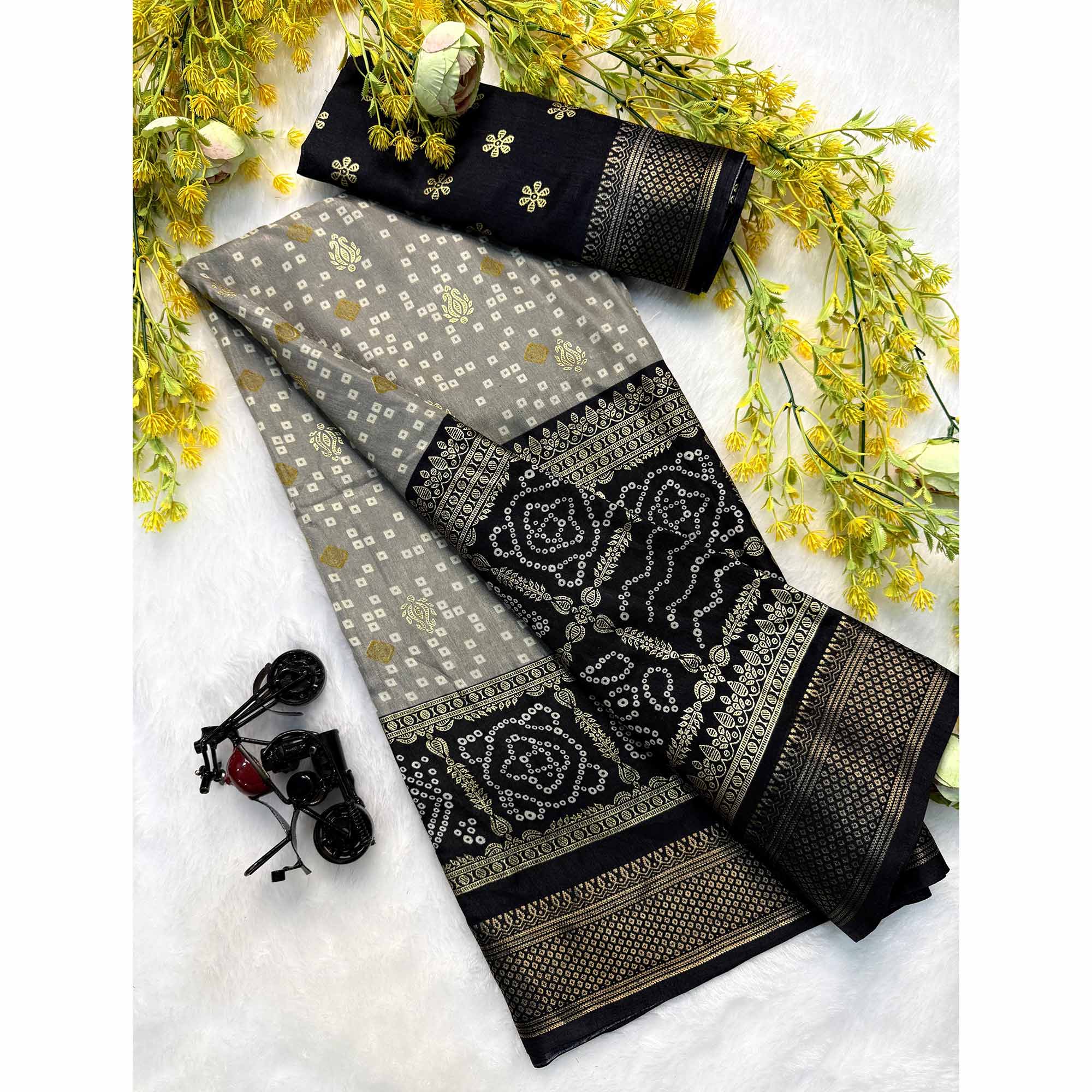 Grey & Black Dola Silk Saree Featuring Traditional Bandhani Print & Woven Border