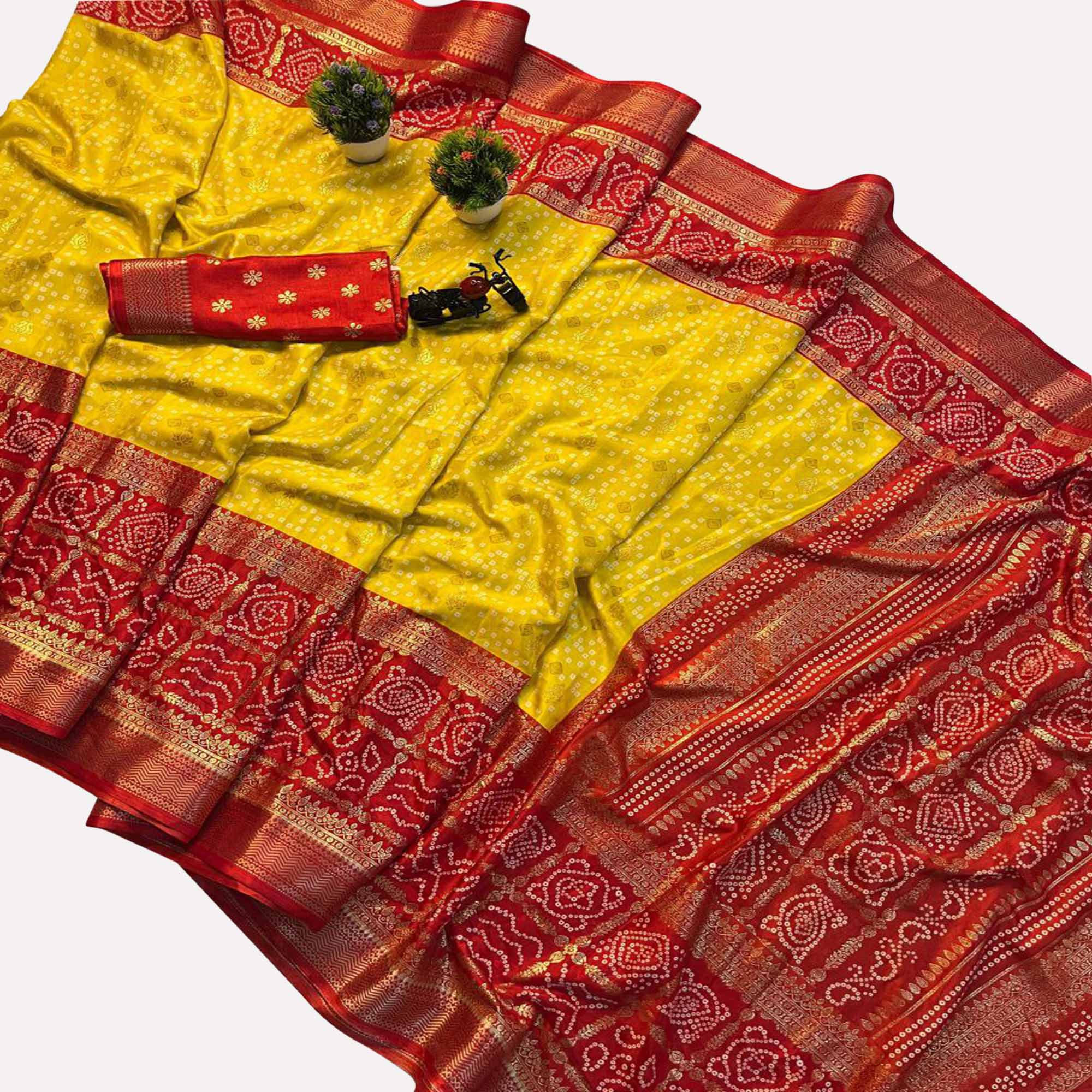 Yellow & Red Woven With Bandhani Printed Dola Silk Saree