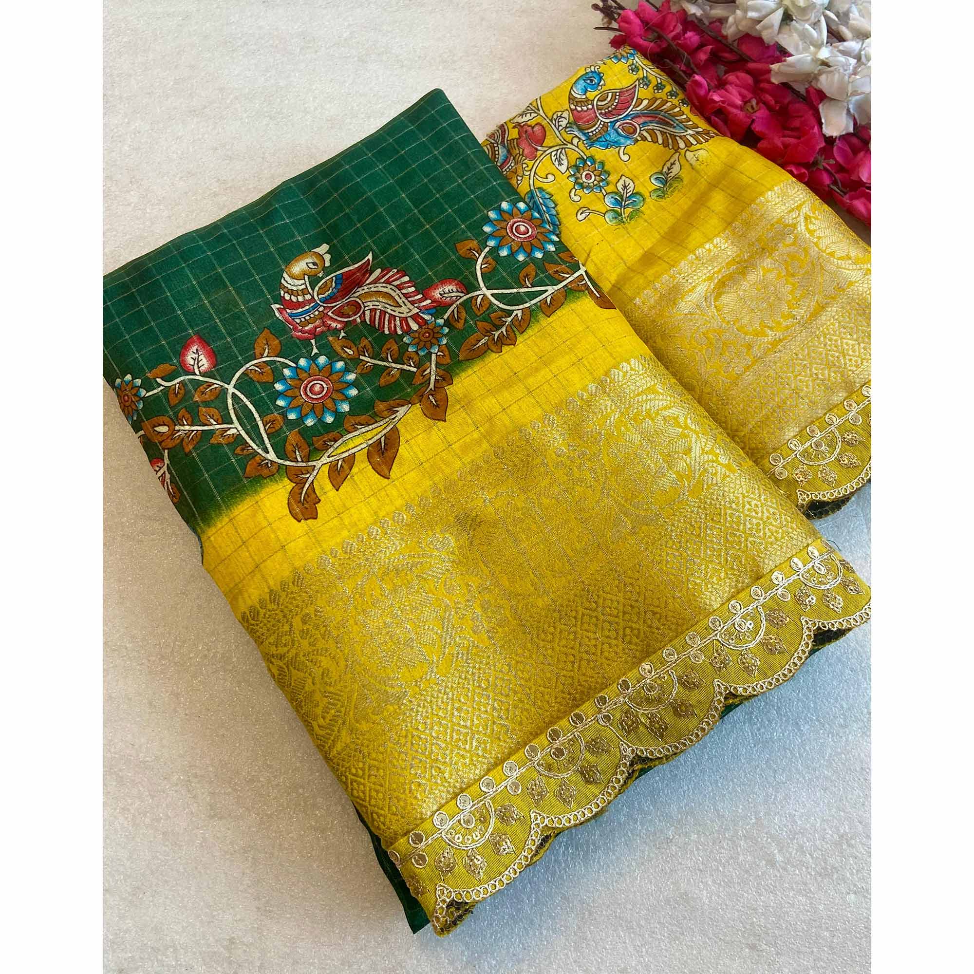 Green Floral Printed Dola Silk Saree With Sequins Border