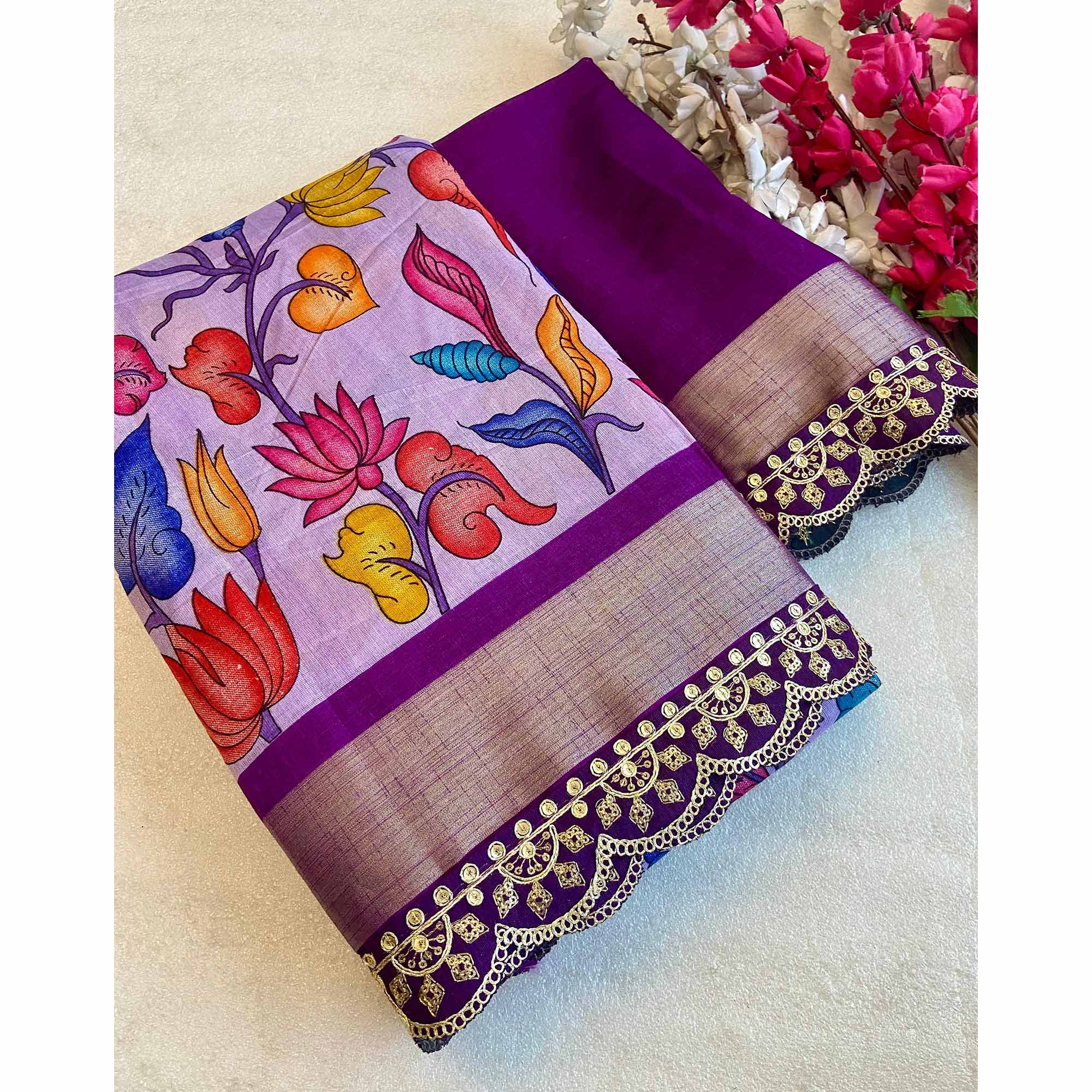 Lavender Floral Printed Dola Silk Saree With Sequins Border