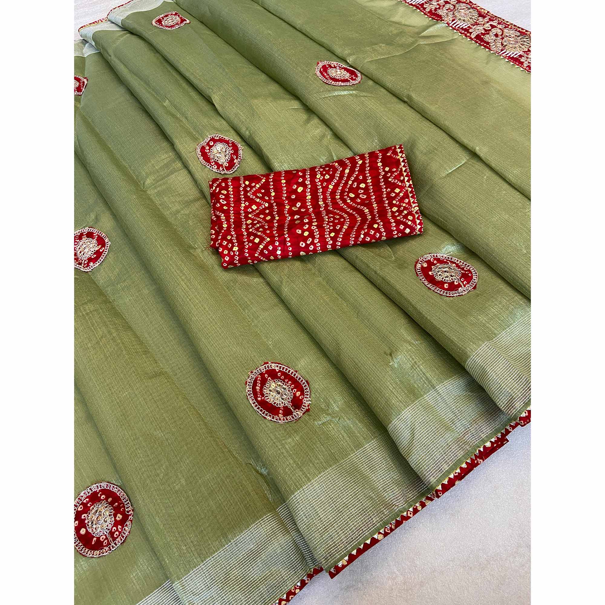 Green Cording Sequins Embroidery With Bandhani Print Art Silk Saree