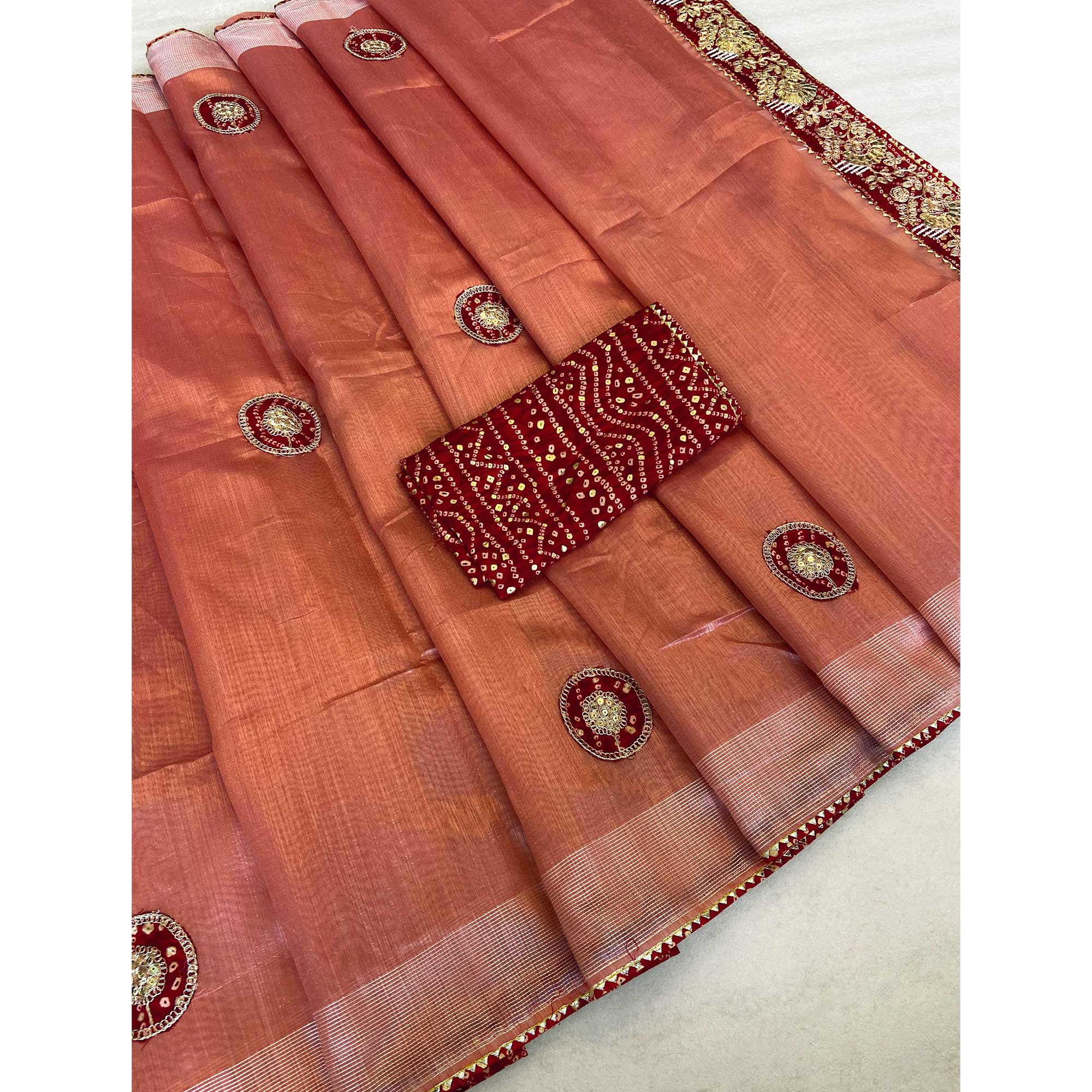 Peach Cording Sequins Embroidery With Bandhani Print Art Silk Saree