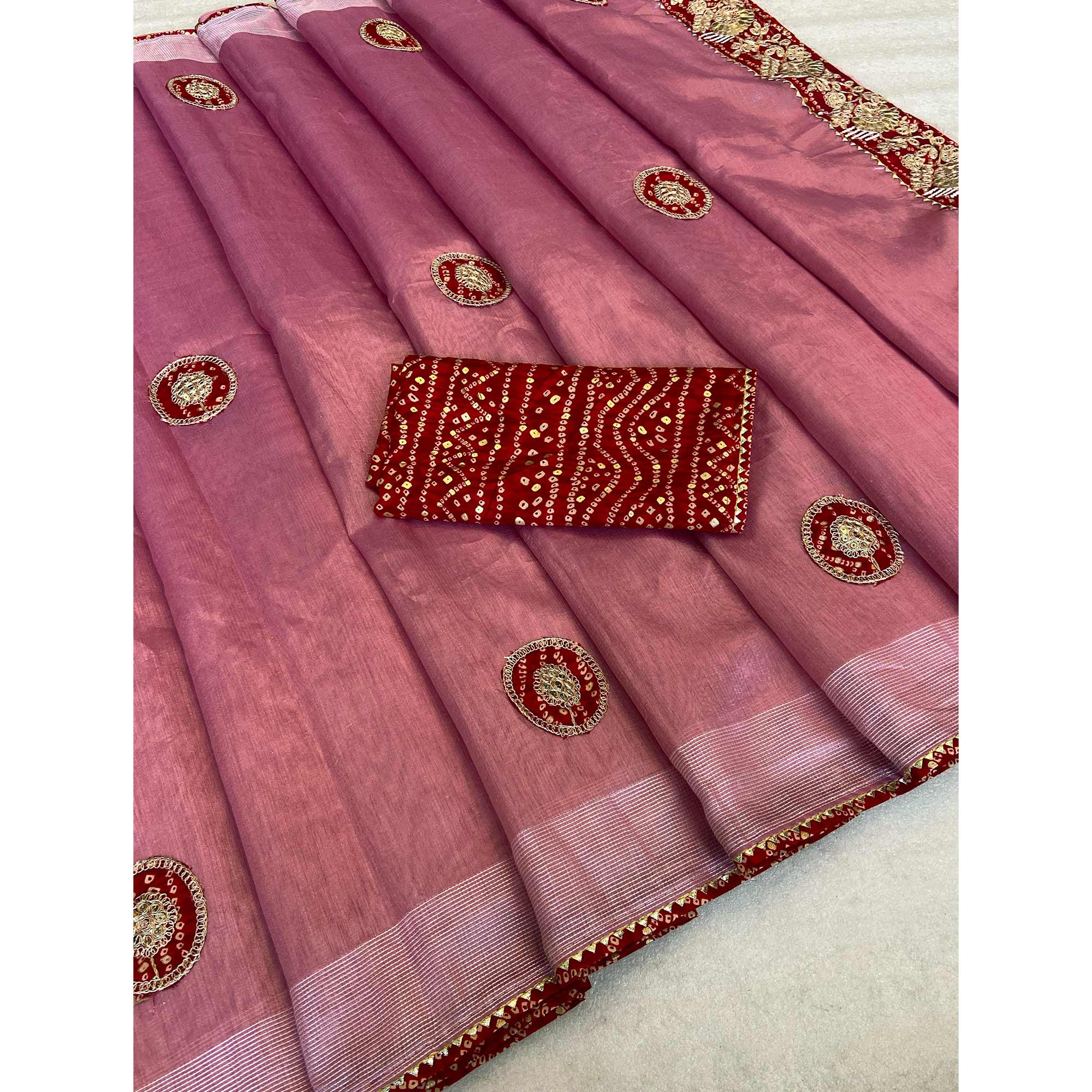 Pink Cording Sequins Embroidery With Bandhani Print Art Silk Saree