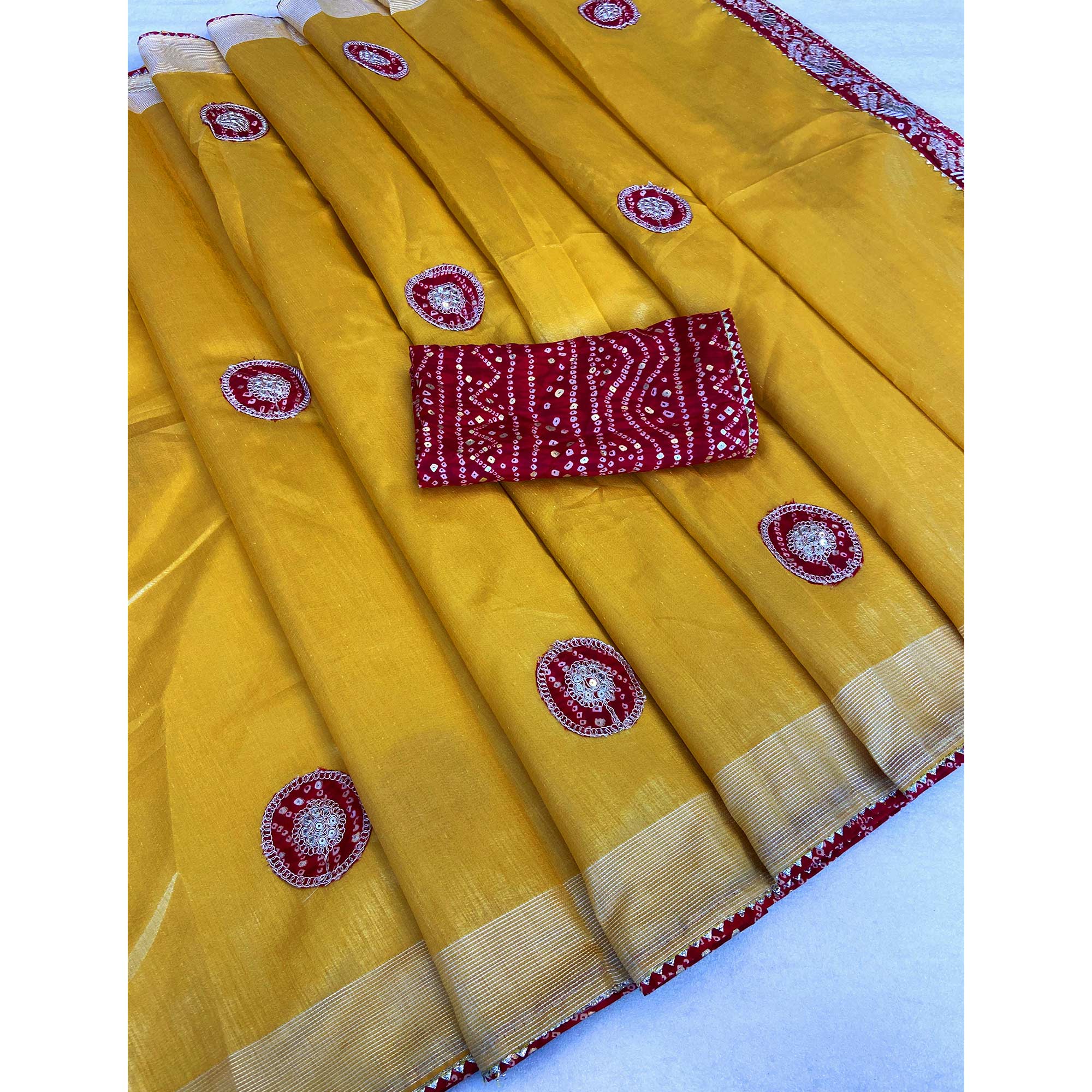 Yellow Cording Sequins Embroidery With Bandhani Print Art Silk Saree
