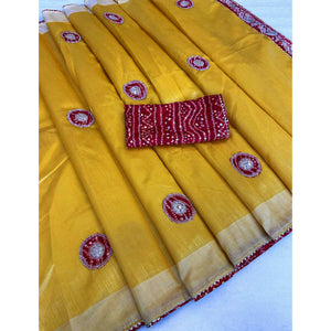 Yellow Cording Sequins Embroidery With Bandhani Print Art Silk Saree