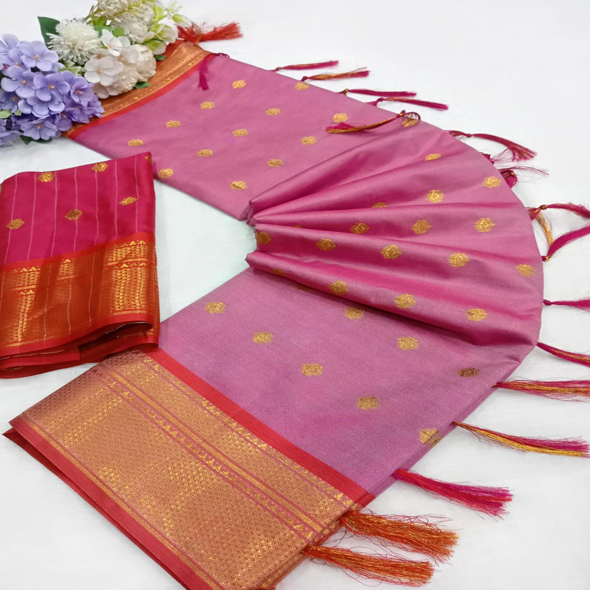 Pink Zari Woven Lichi Art Silk Saree With Tassels