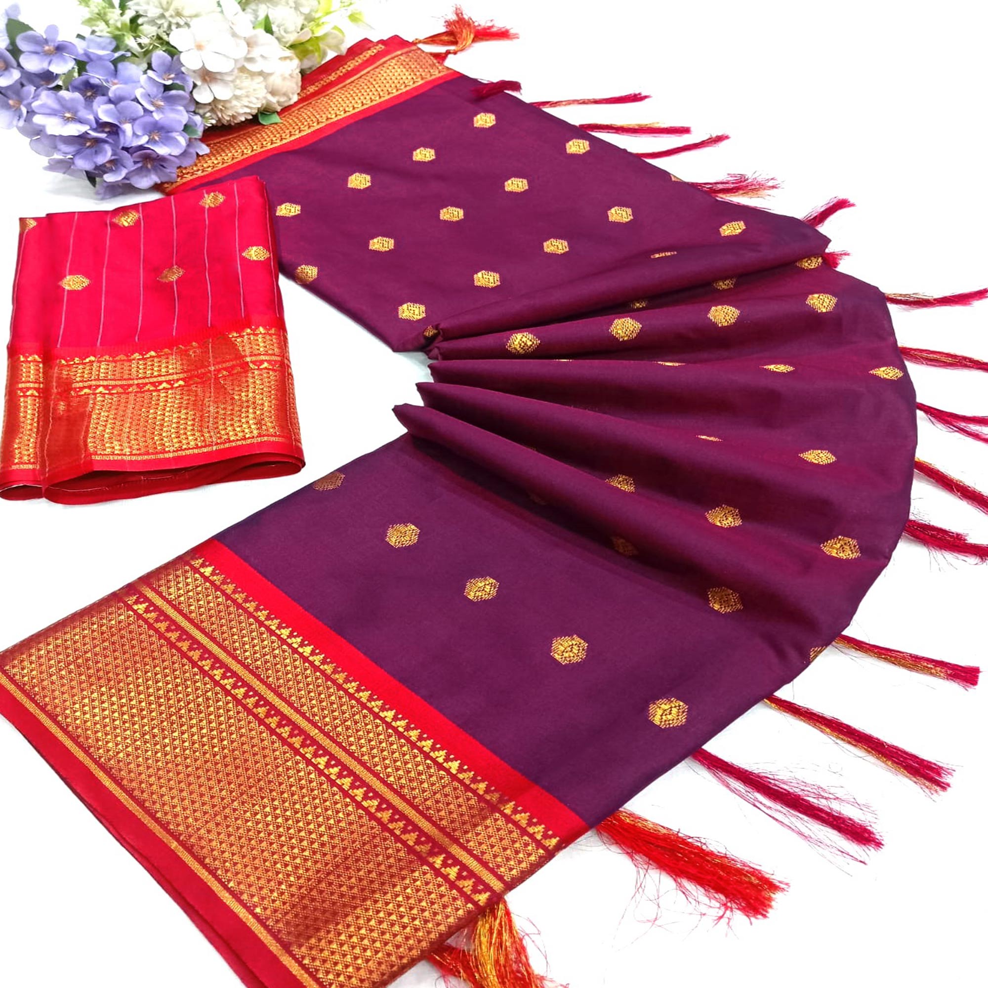 Purple Zari Woven Lichi Art Silk Saree With Tassels