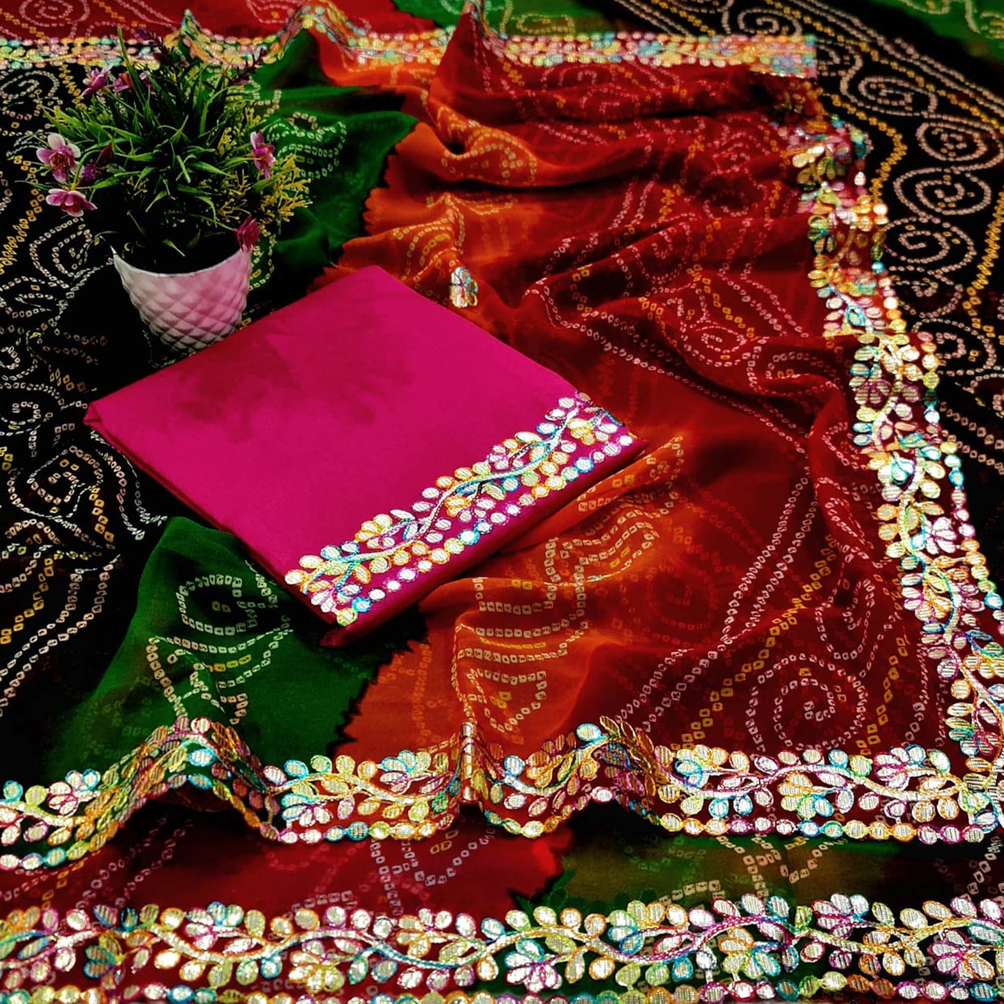 Multicolor Bandhani Gota Embroidered Georgette Saree