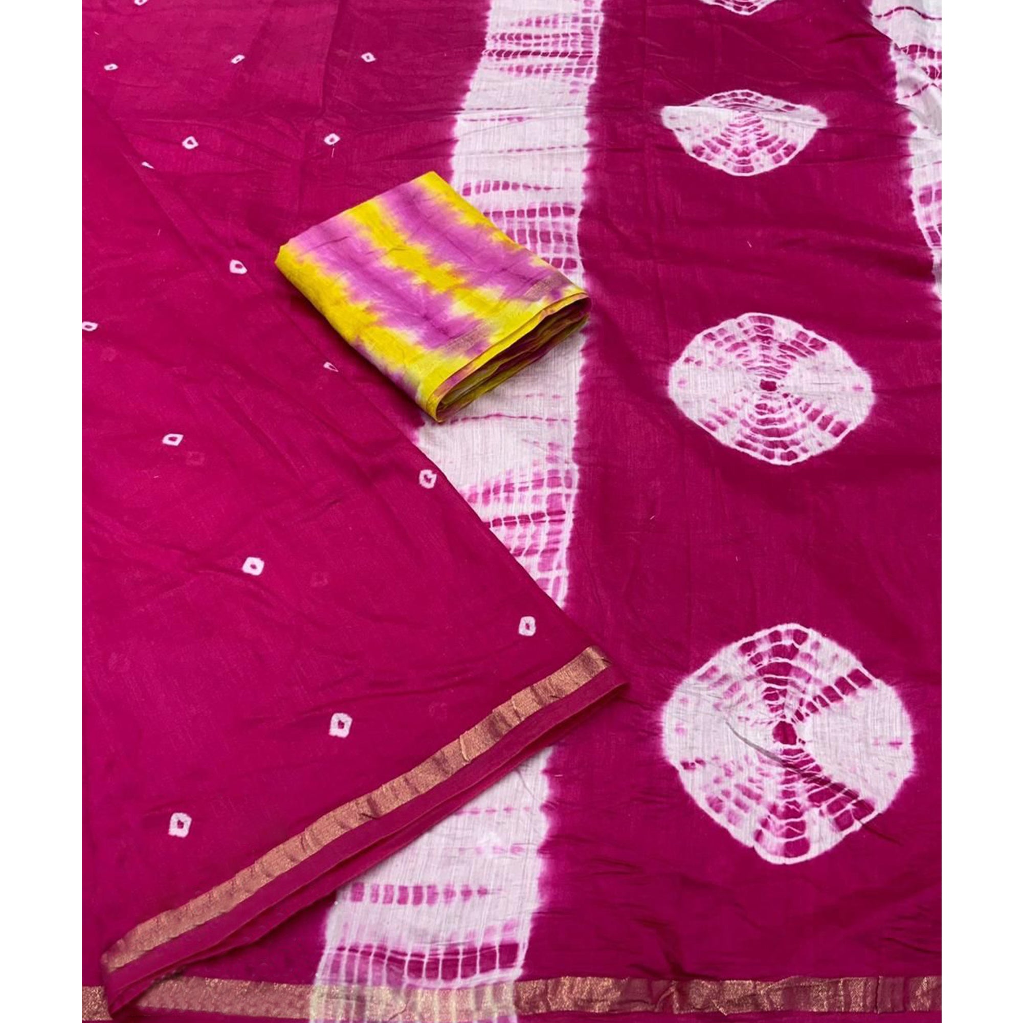 Pink Linen Cotton Saree Adorned with Vibrant Bandhani Prints and Breezy Texture