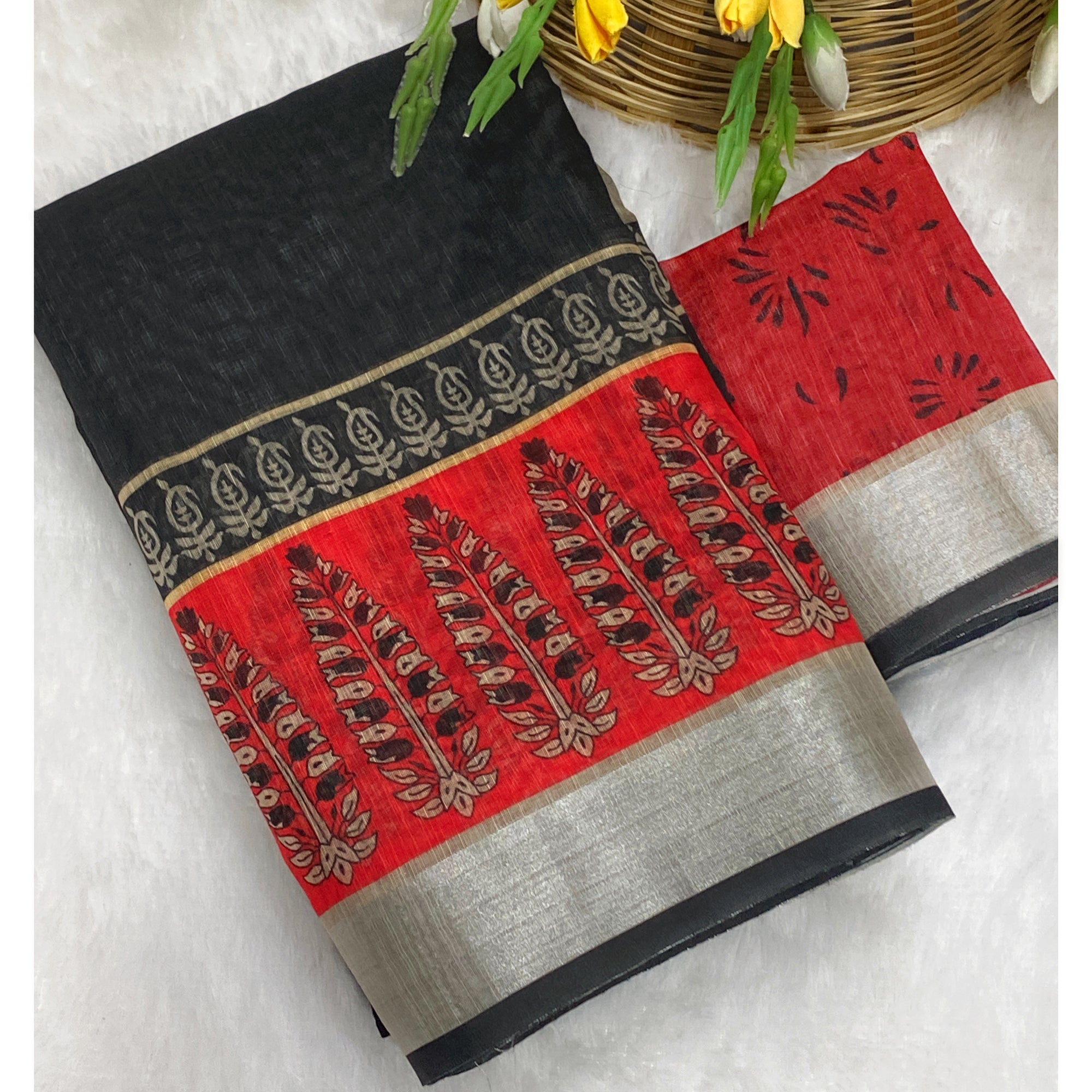Black & Red Linen Cotton Saree Adorned with Vibrant Floral Prints and Breezy Texture